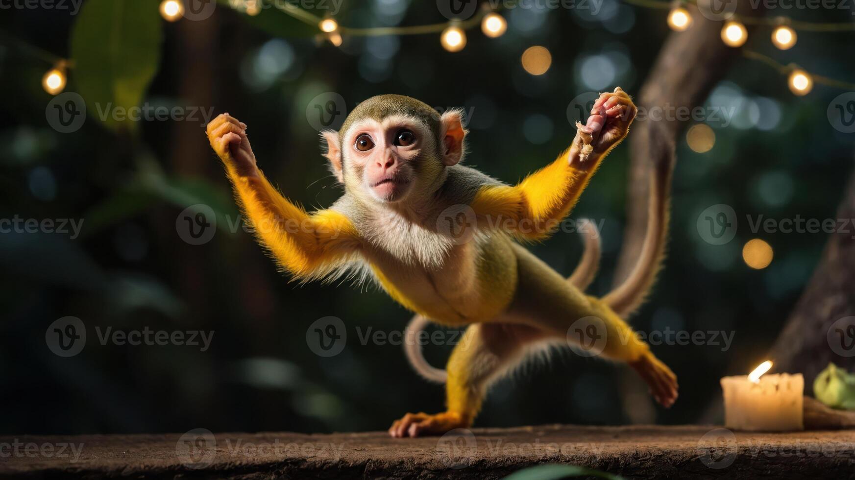 A playful monkey poses amidst soft lighting in a lush environment. photo