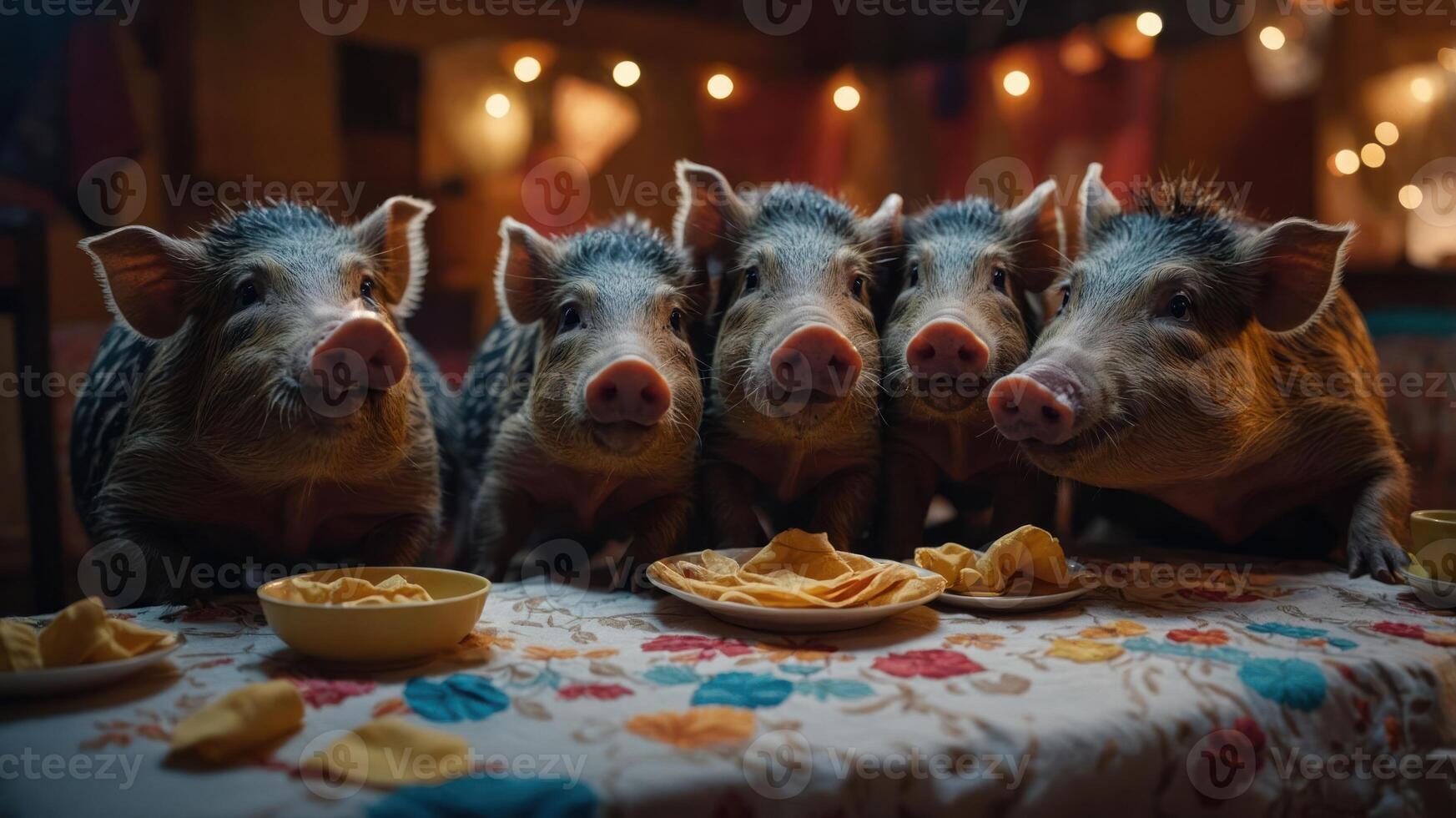 Five pigs sitting at a table with snacks, creating a whimsical and humorous scene. photo
