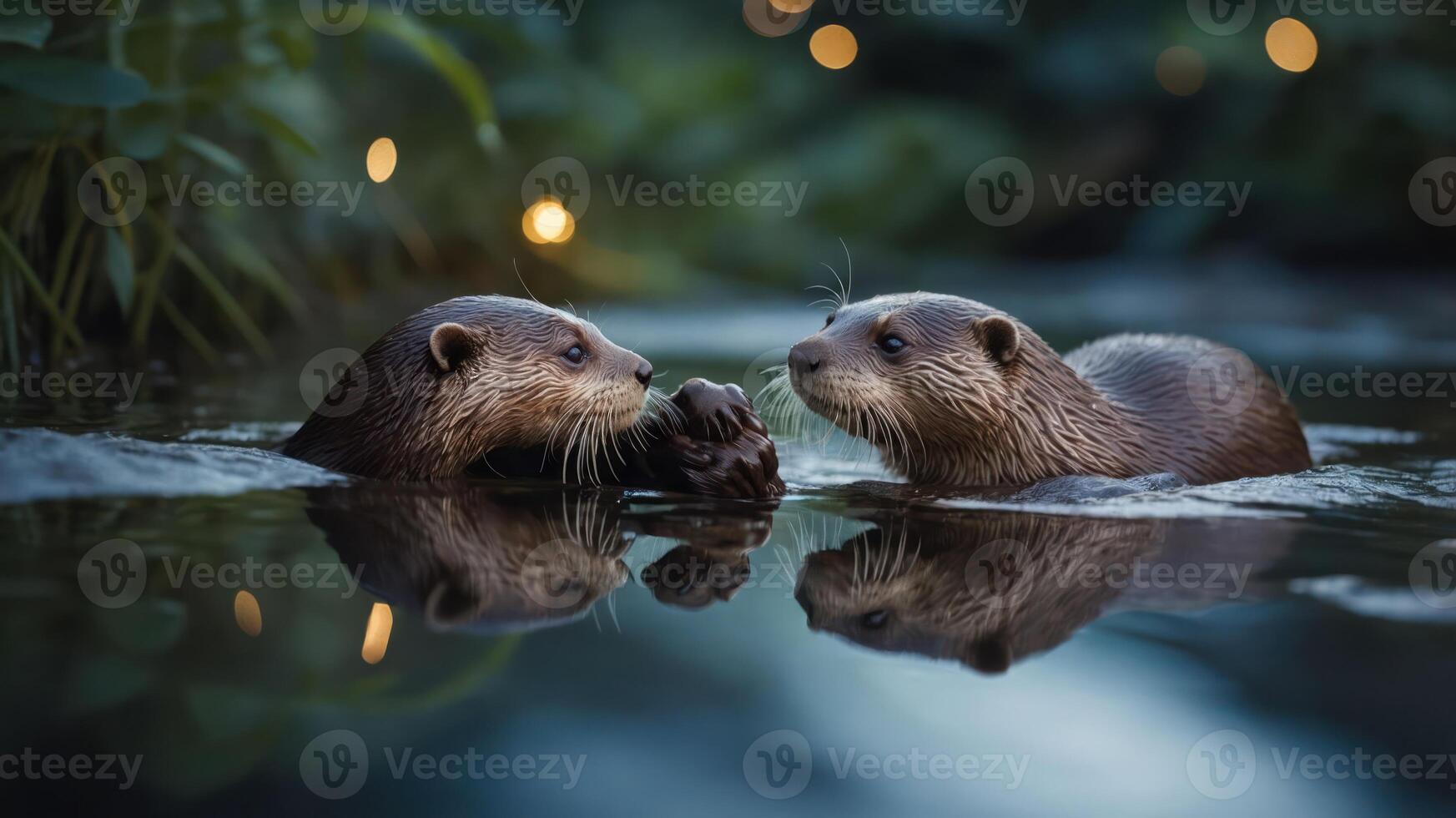 Two otters playfully interacting in a serene water setting, reflecting nature's beauty. photo