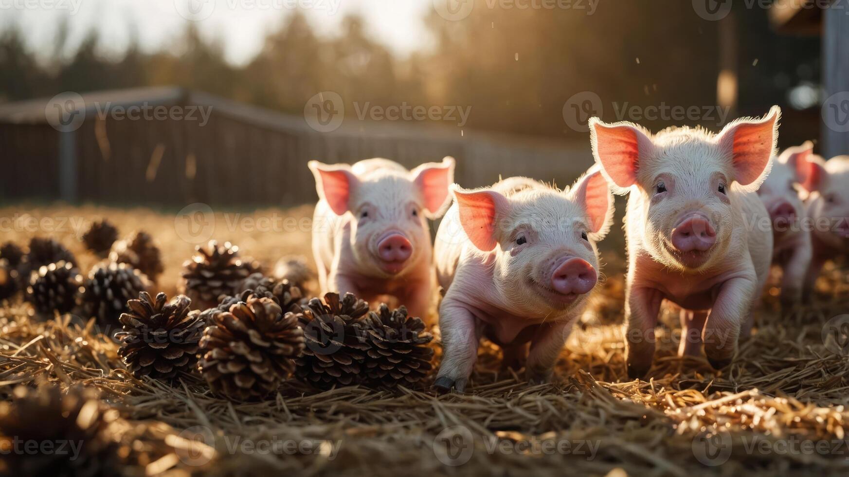 Three piglets playfully running through straw with pinecones in a sunlit farm setting. photo