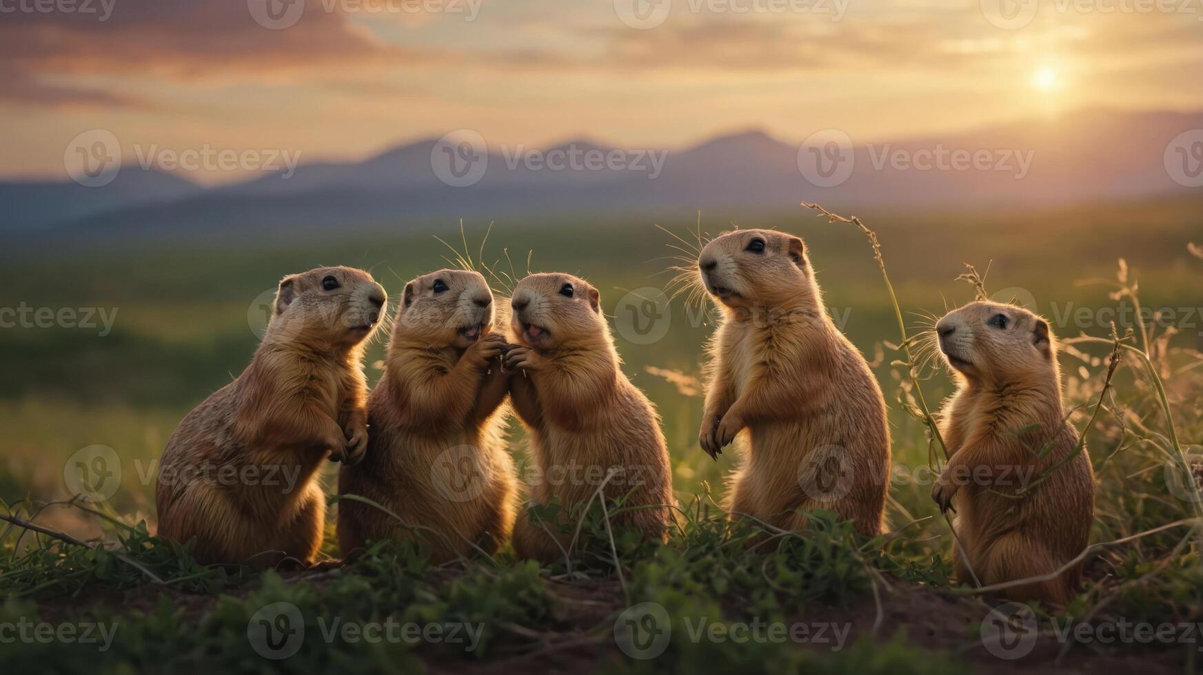 A group of five prairie dogs standing together at sunset in a grassy landscape. photo