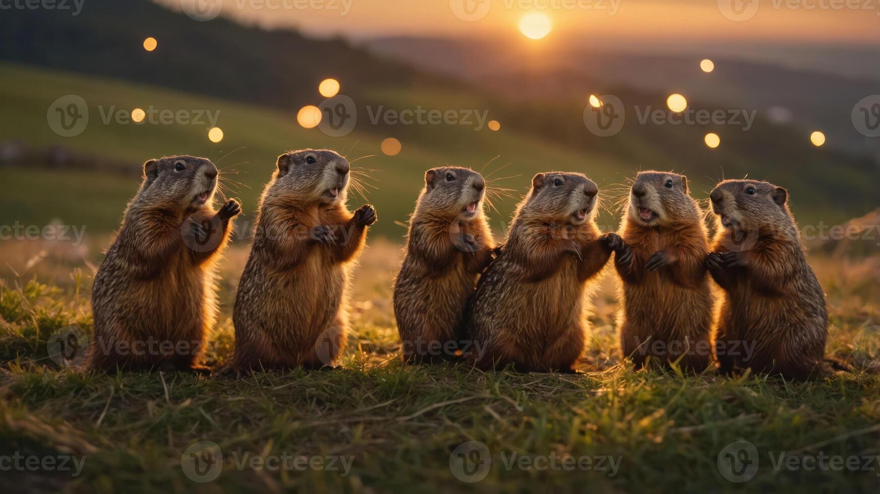 A group of six marmots standing together at sunset, creating a whimsical scene. photo