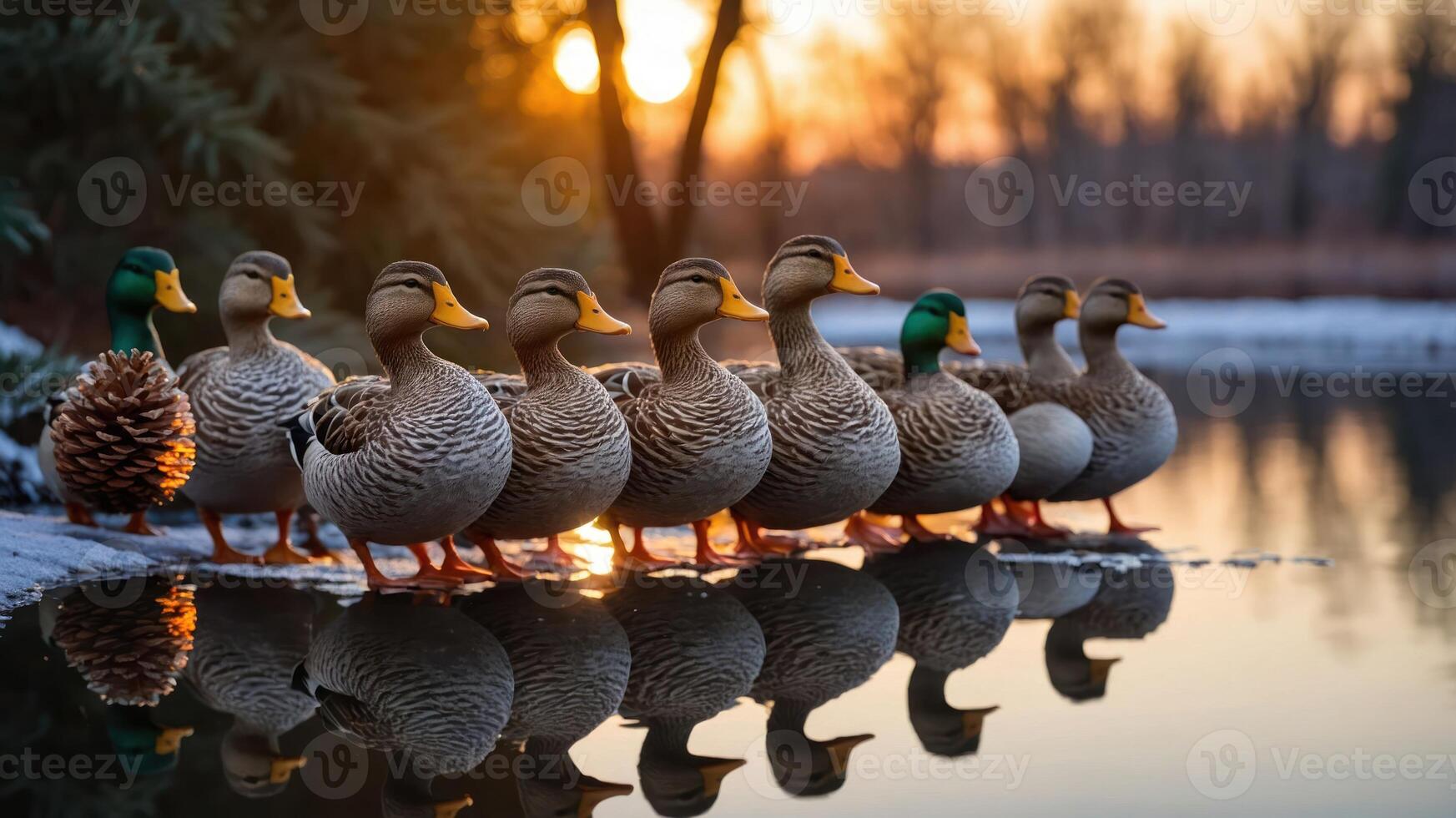 A serene scene of ducks lined up by a calm pond at sunset. photo