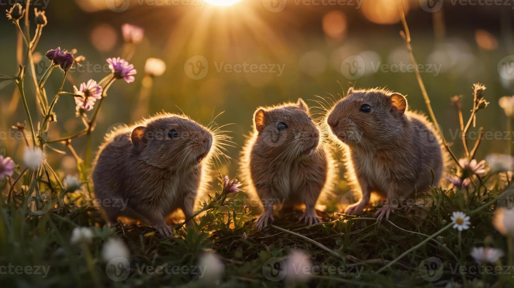 Three small rodents sit among flowers, illuminated by a warm sunset glow. photo