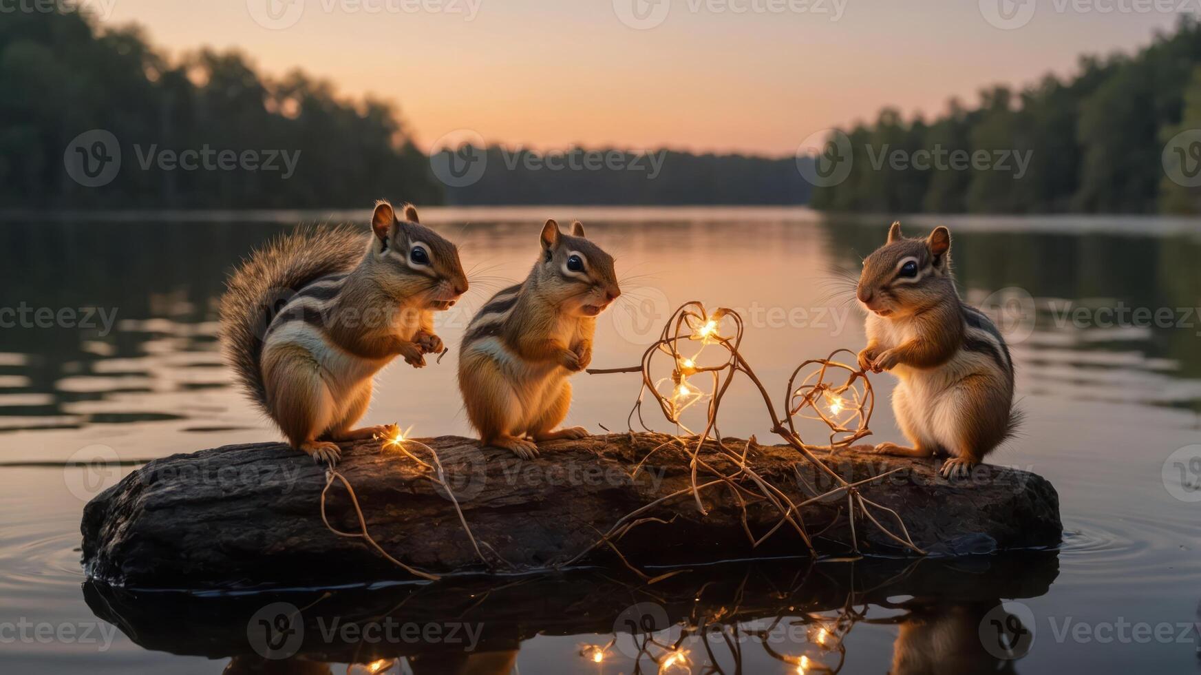 Three chipmunks play with glowing lights on a log by a serene lake at sunset. photo