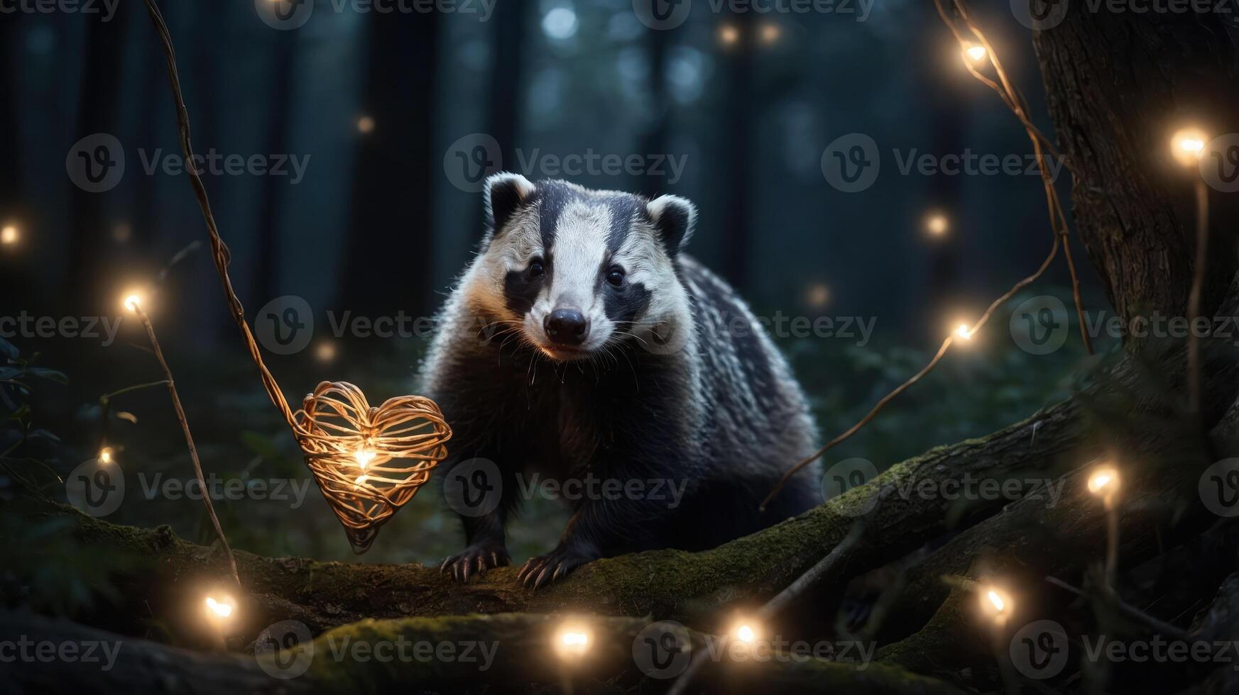 A badger surrounded by glowing lights and a heart-shaped decoration in a forest setting. photo
