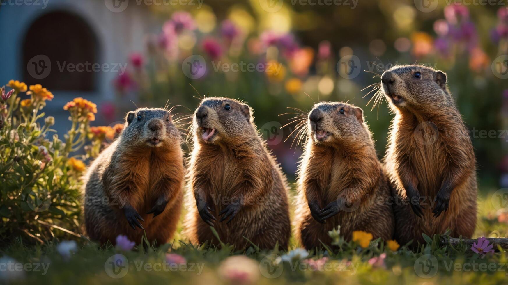 Four groundhogs standing amidst colorful flowers in a sunny garden. photo