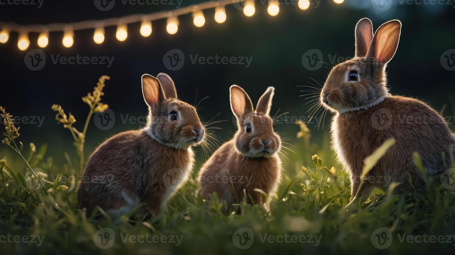 Three rabbits gathered in a grassy area, illuminated by soft string lights at dusk. photo