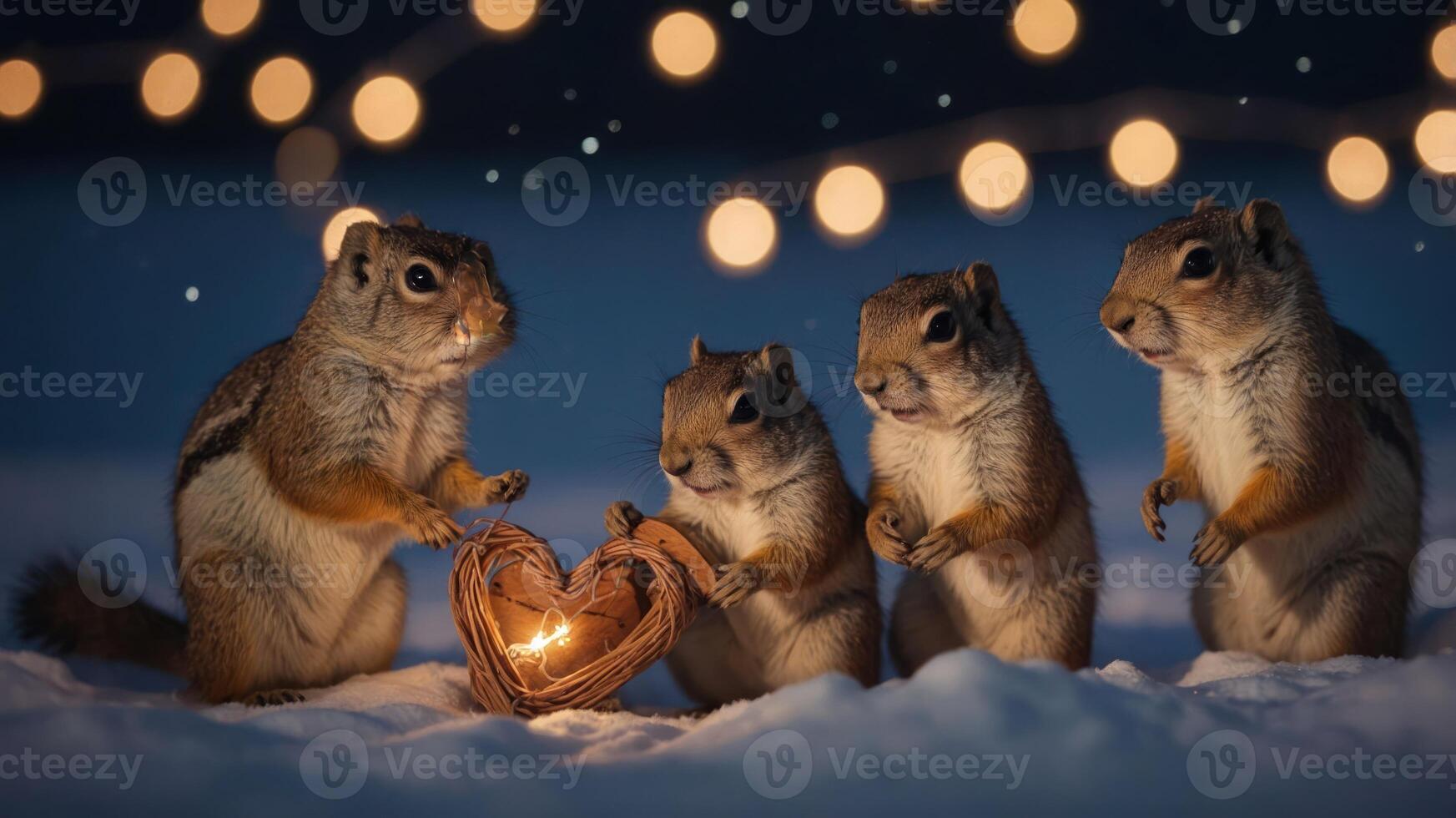 Four squirrels gathered around a heart-shaped candle in a snowy setting with lights. photo