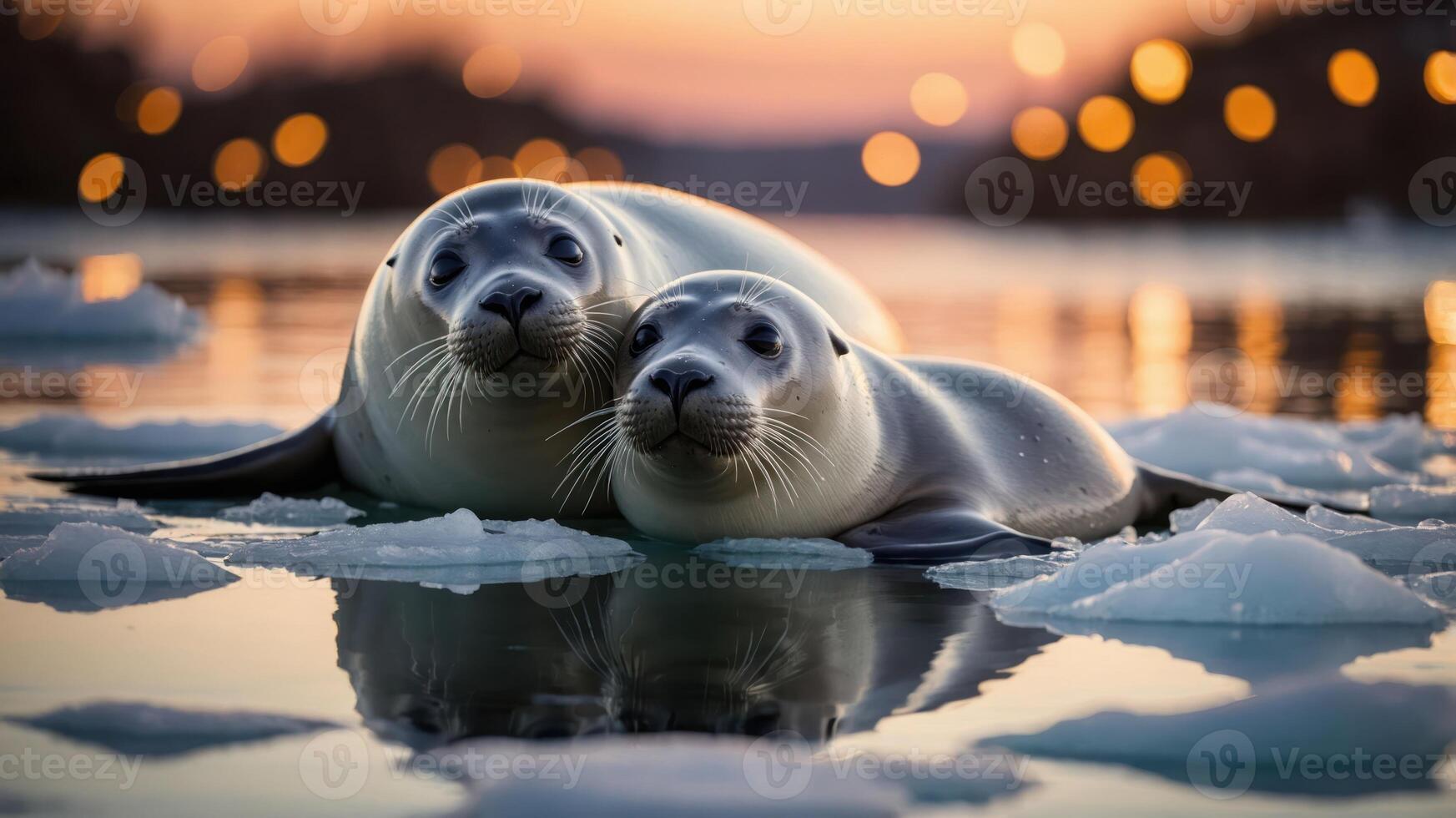 Two seals resting on ice in a serene water setting at sunset. photo