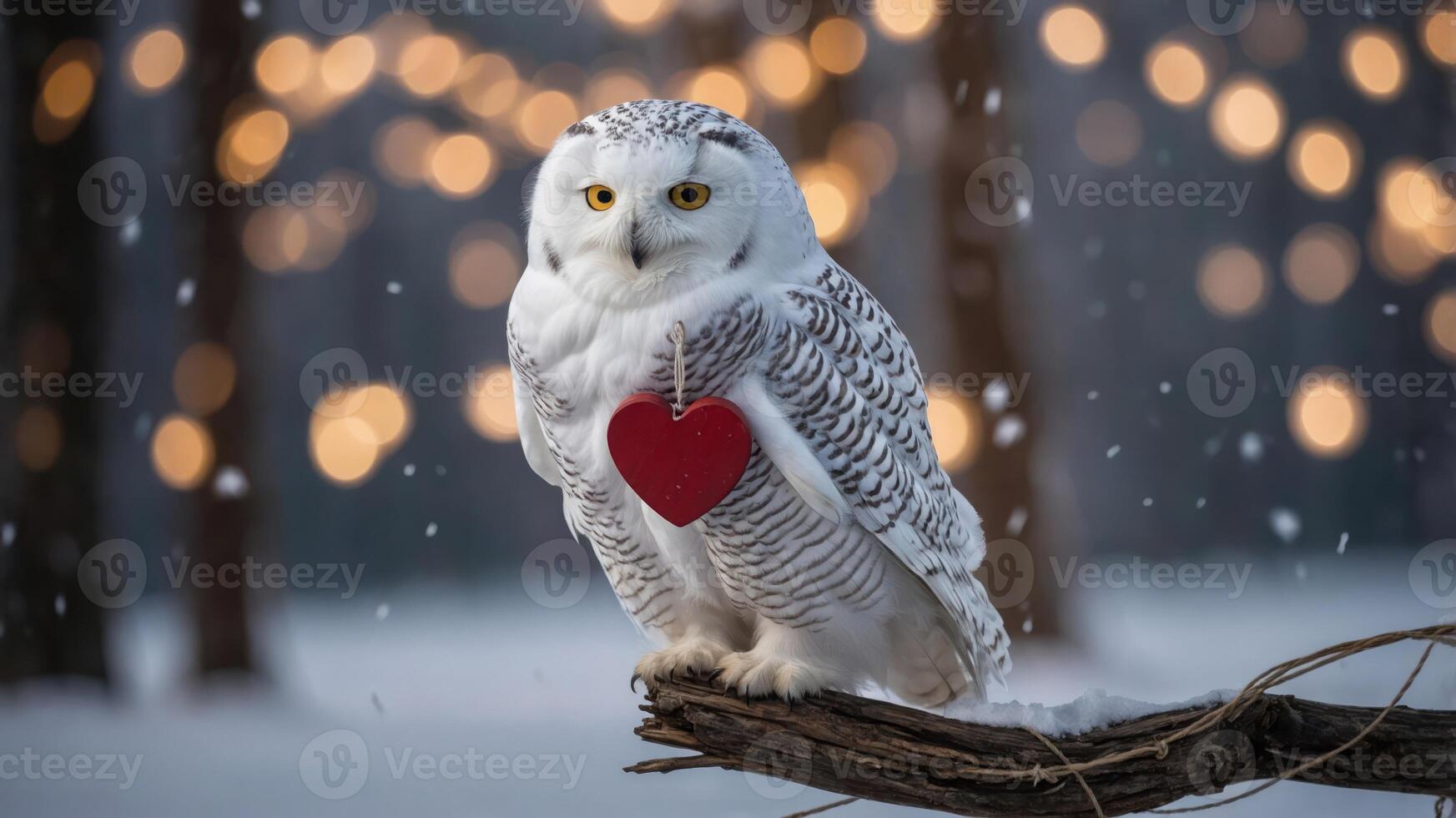 A snowy owl holding a red heart ornament in a wintery forest setting with soft bokeh lights. photo