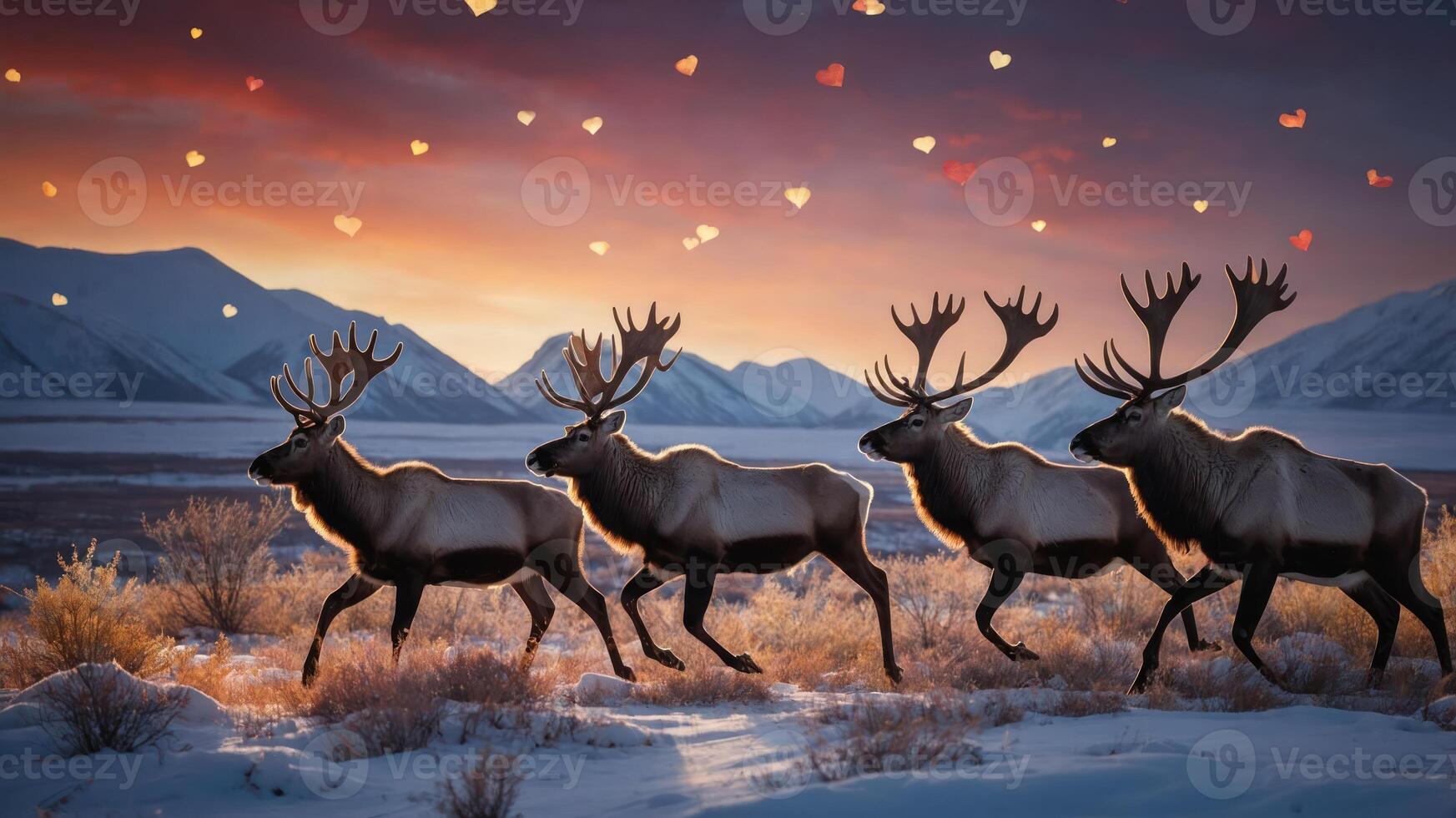A serene winter scene featuring a group of reindeer against a colorful sunset backdrop. photo