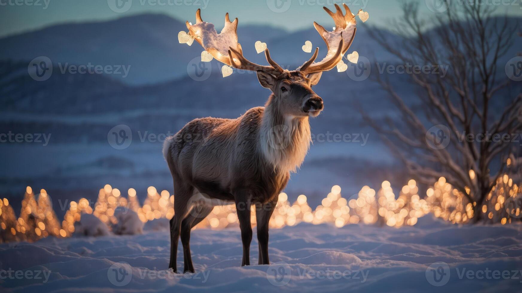 A majestic reindeer adorned with glowing lights in a snowy landscape at twilight. photo