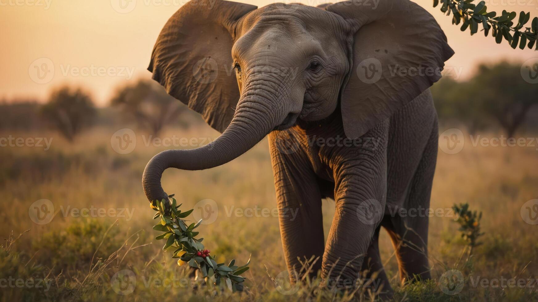 An elephant gently holds a branch adorned with leaves in a serene, golden-lit landscape. photo