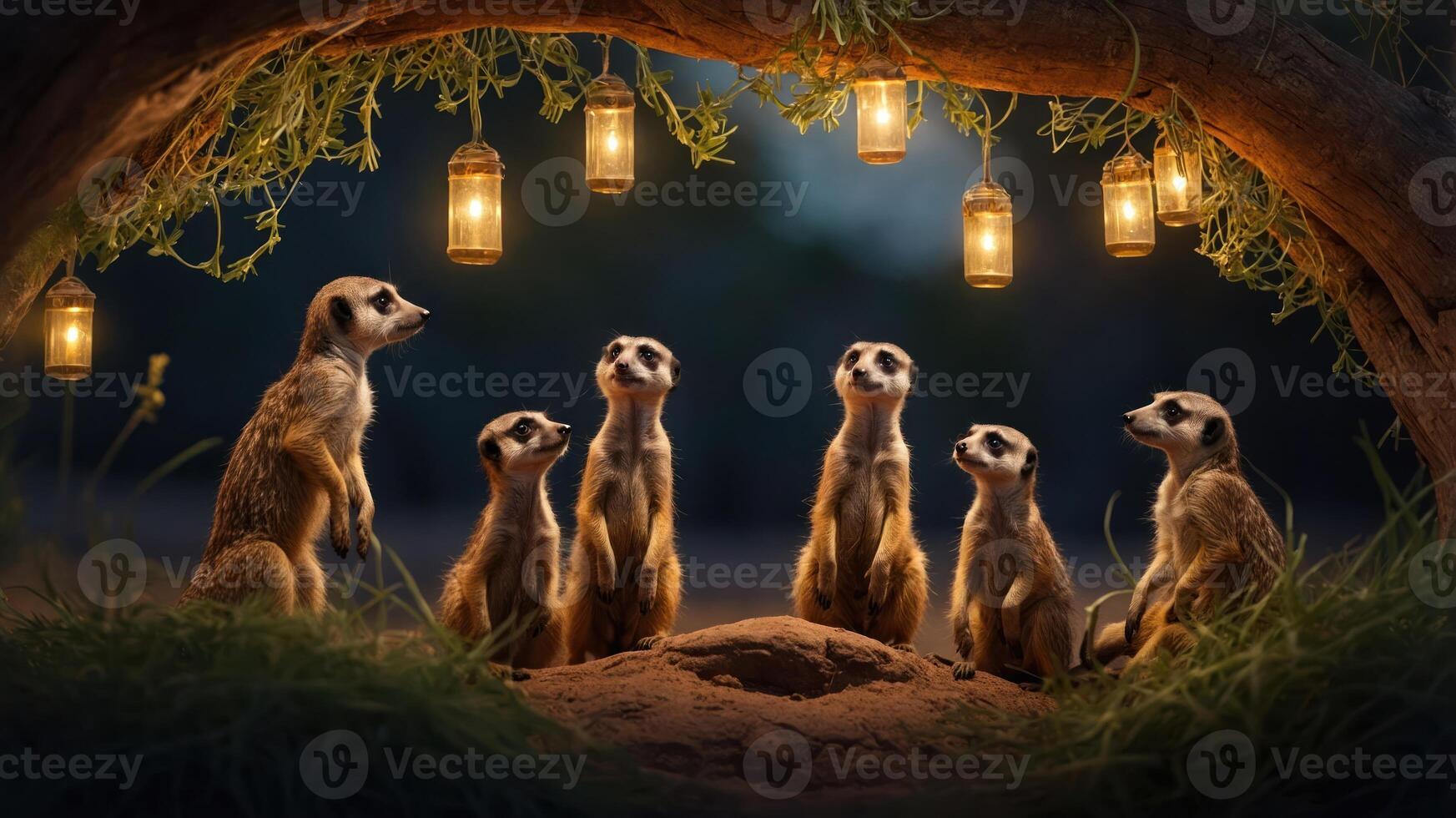 A group of meerkats gathered under lanterns in a cozy burrow. photo