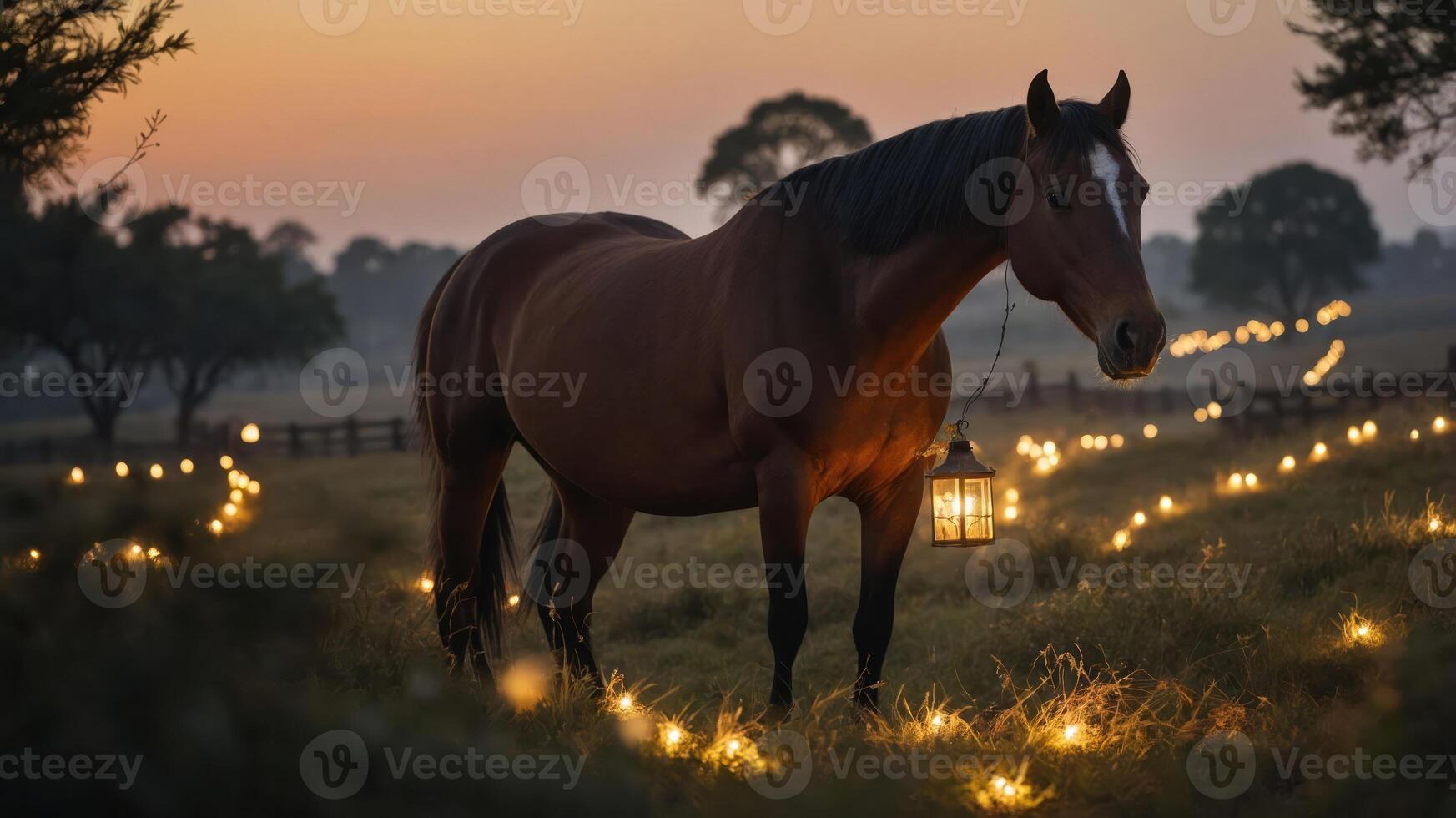 A horse stands in a field illuminated by lanterns at sunset, creating a serene atmosphere. photo