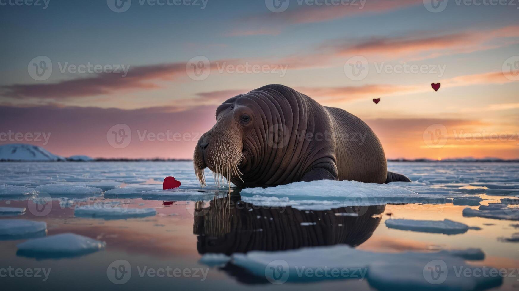 A walrus on ice with a heart-shaped object at sunset, evoking themes of love and nature. photo
