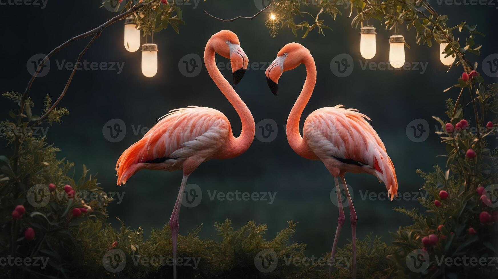 Two elegant flamingos stand gracefully amidst greenery and soft glowing lights. photo