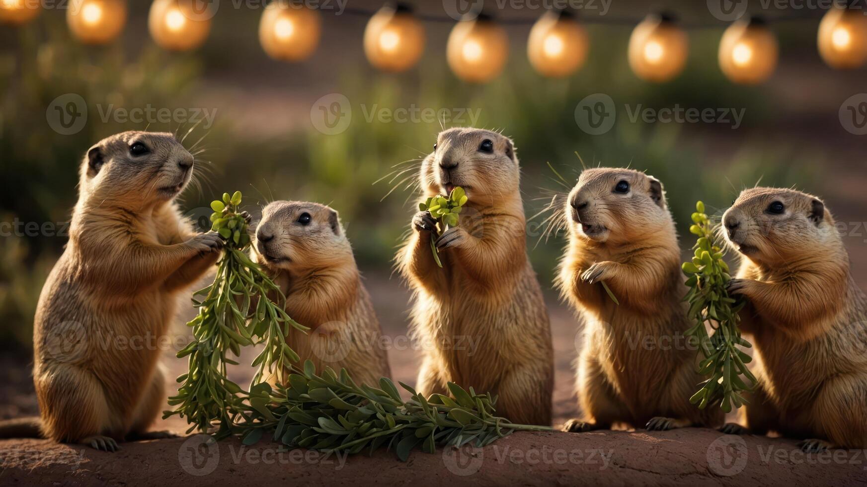 Five prairie dogs holding greens under decorative lights in a playful setting. photo