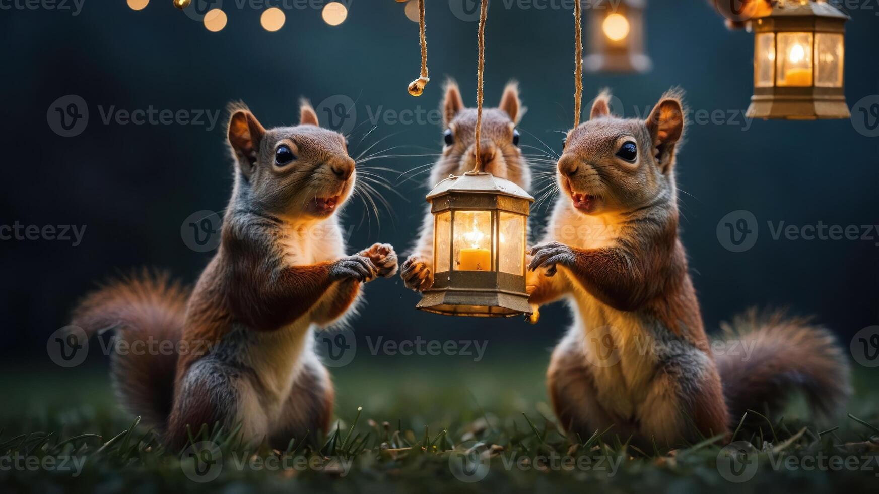 Three squirrels joyfully interacting with lanterns in a serene, twilight setting. photo