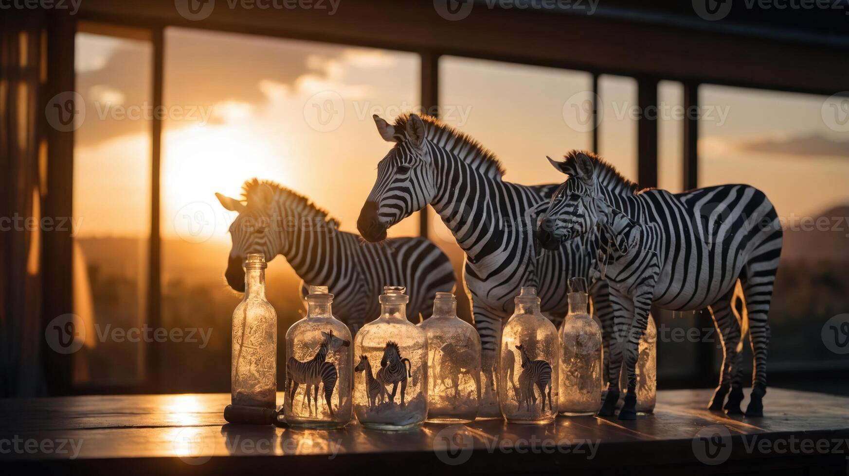 Zebras stand near glass bottles at sunset, blending nature with artistic display. photo