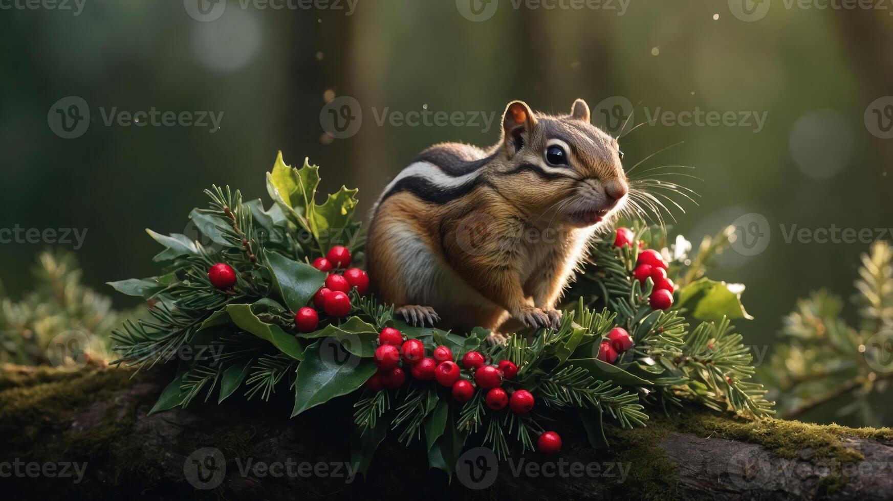 A chipmunk perched on a festive wreath adorned with red berries and greenery. photo