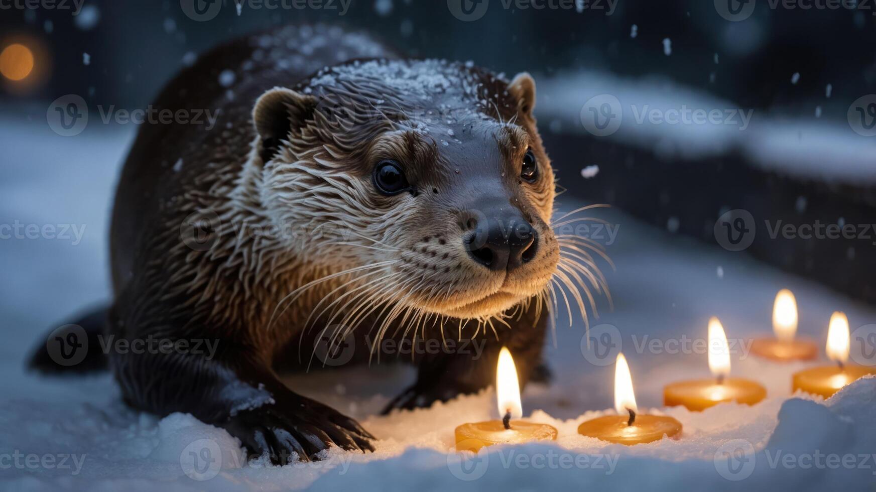 An otter in the snow beside glowing candles creates a serene winter scene. photo