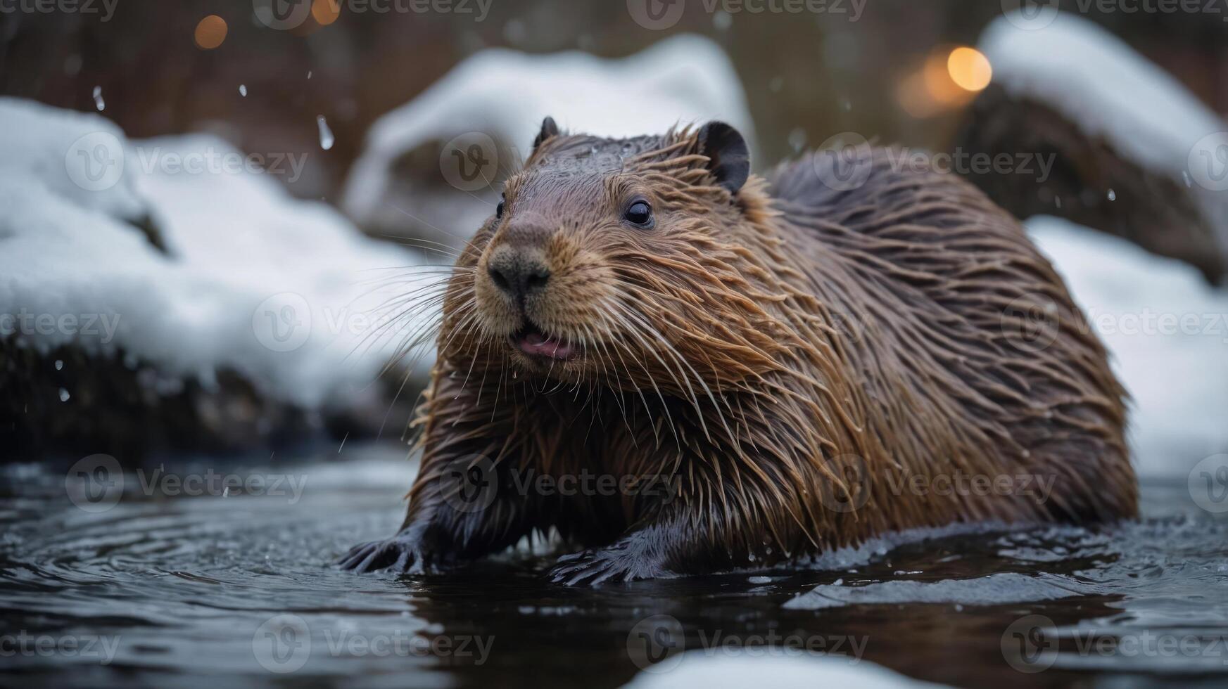 A beaver emerging from water in a snowy environment, showcasing its natural habitat. photo