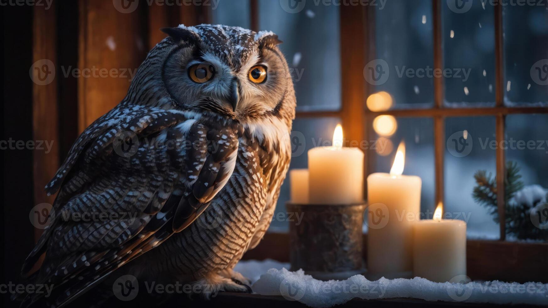 A snowy owl perched near a window with candles, creating a cozy winter atmosphere. photo