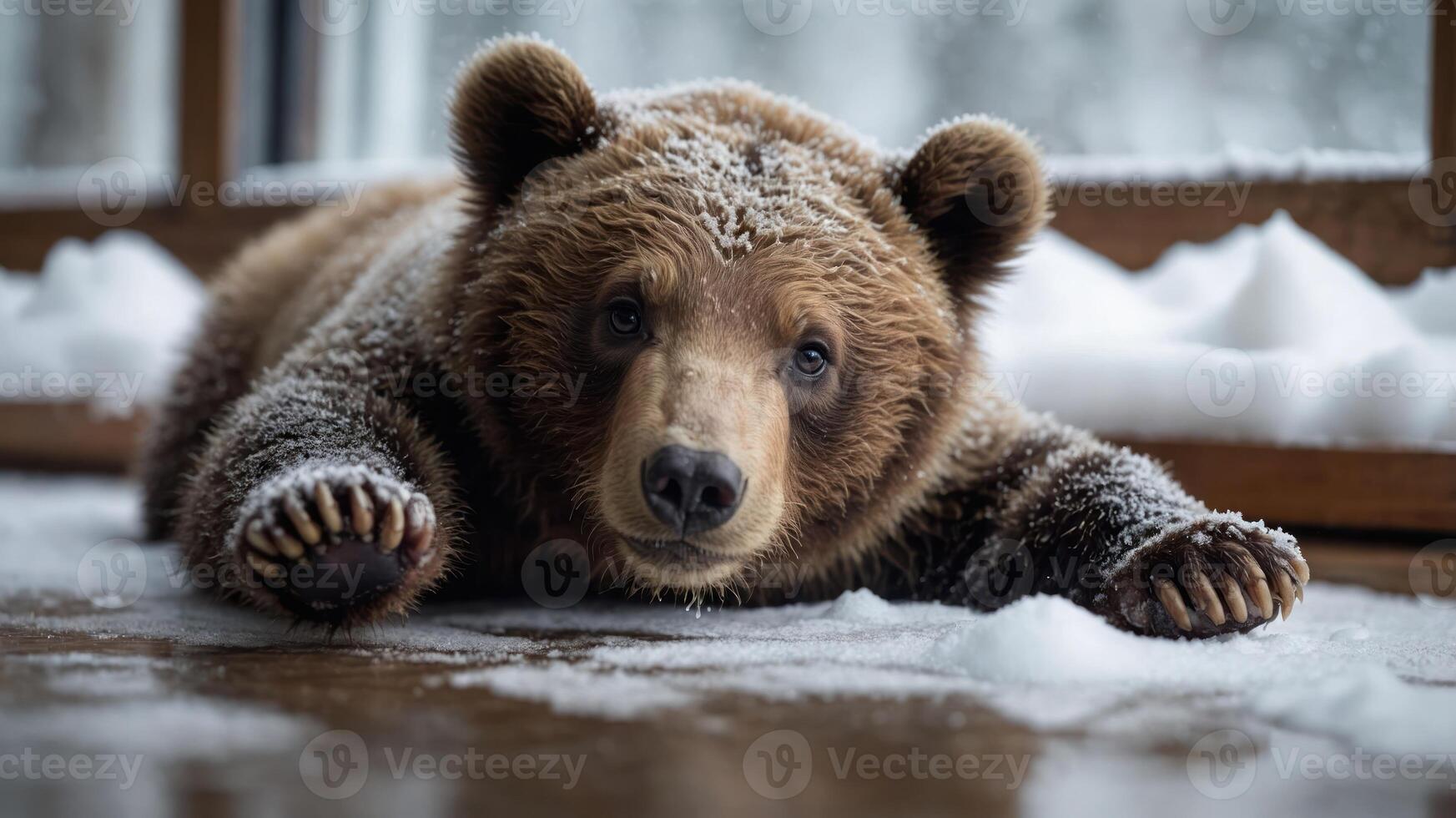 A young bear resting on a snowy floor, with a cozy indoor setting in the background. photo