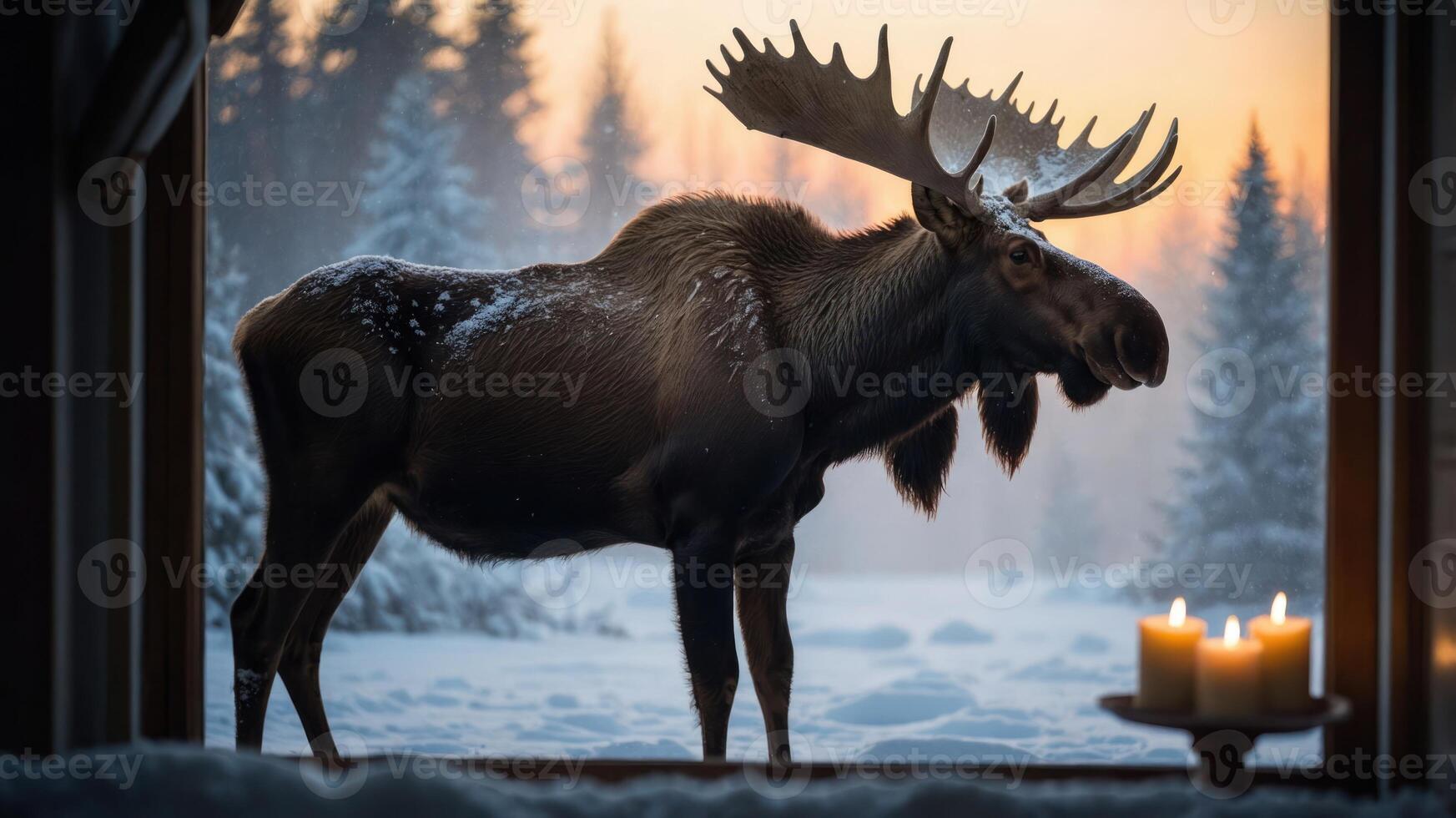 A moose stands outside a snowy window, illuminated by candlelight in a serene winter scene. photo