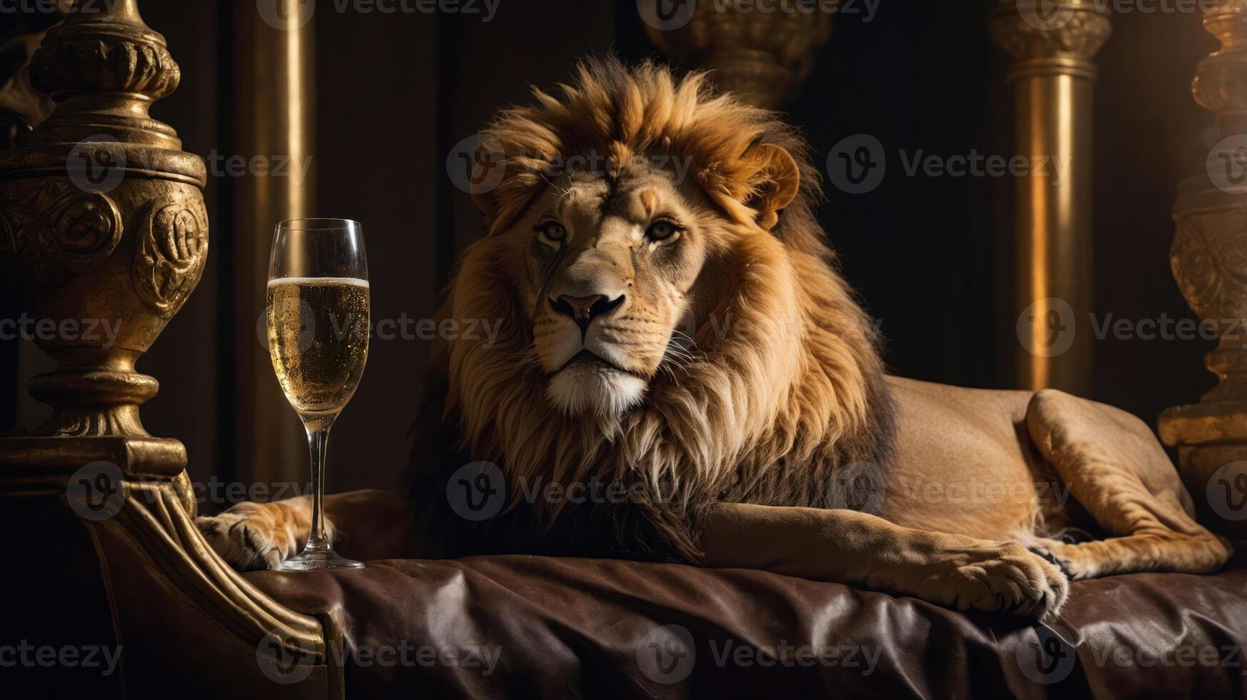 A regal lion lounges elegantly with a glass of champagne beside it. photo