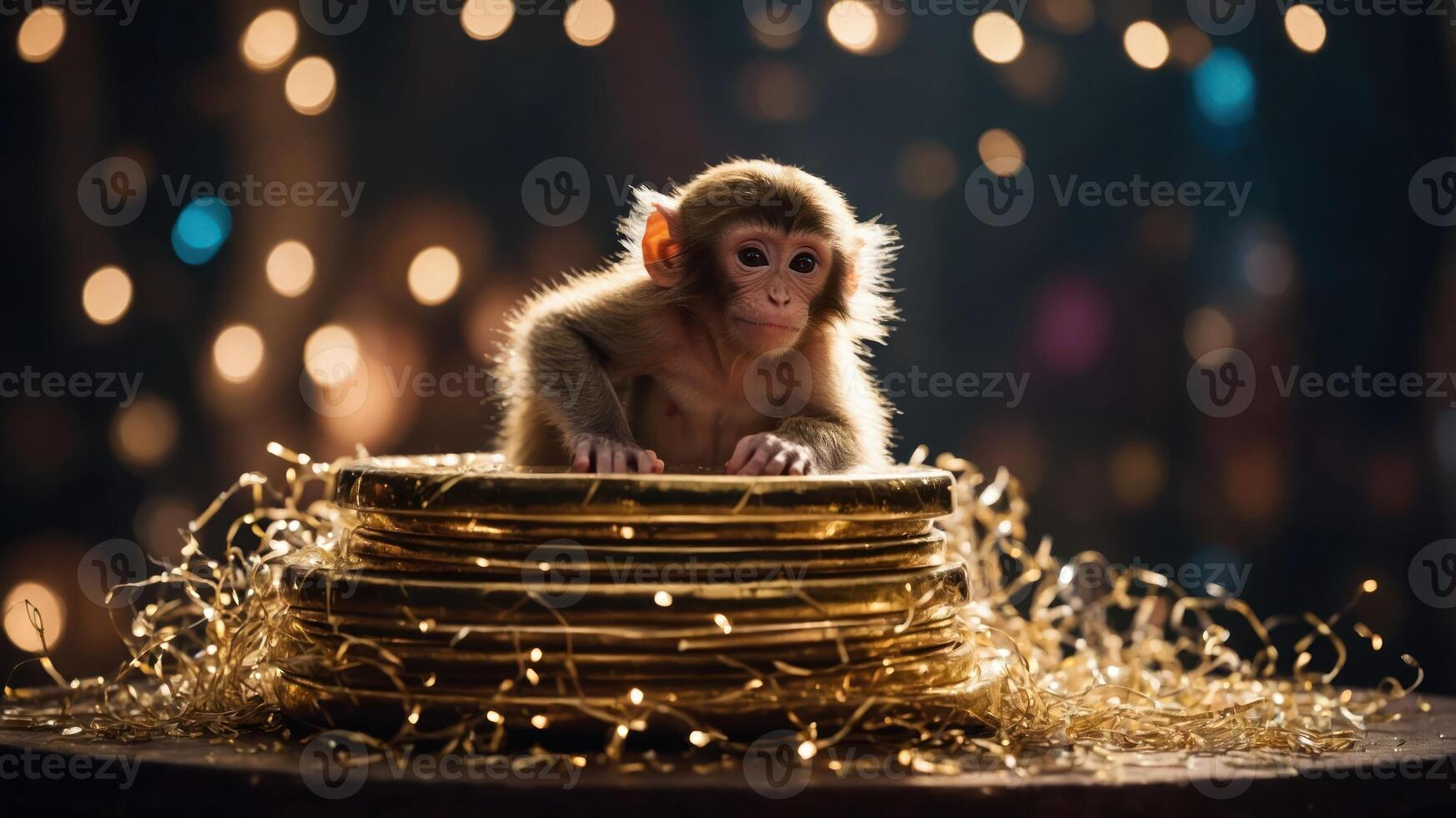 A playful monkey sitting atop a stack of golden plates with twinkling lights in the background. photo