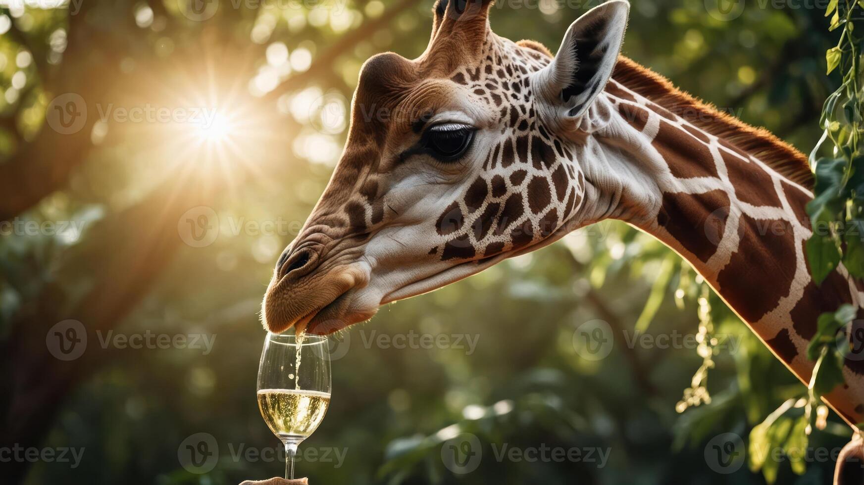 A giraffe curiously interacts with a glass of champagne in a sunlit, lush environment. photo
