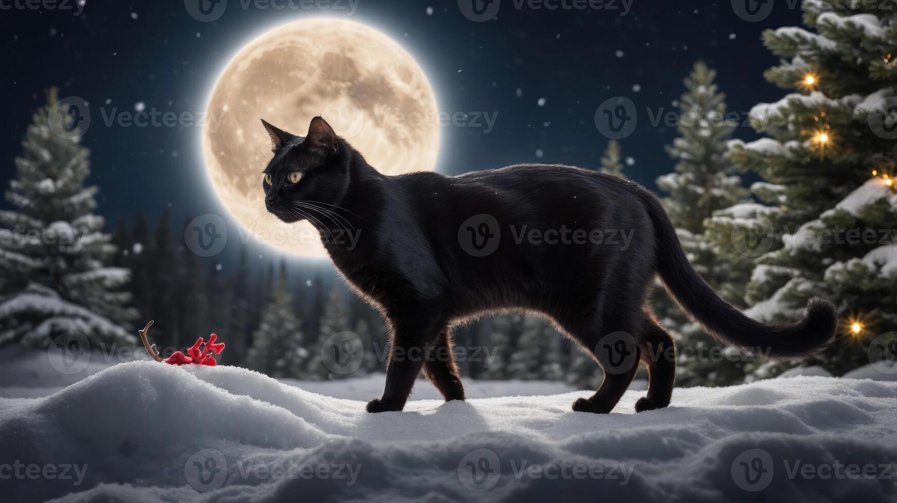 A black cat walks through snowy terrain under a full moon, surrounded by pine trees. photo