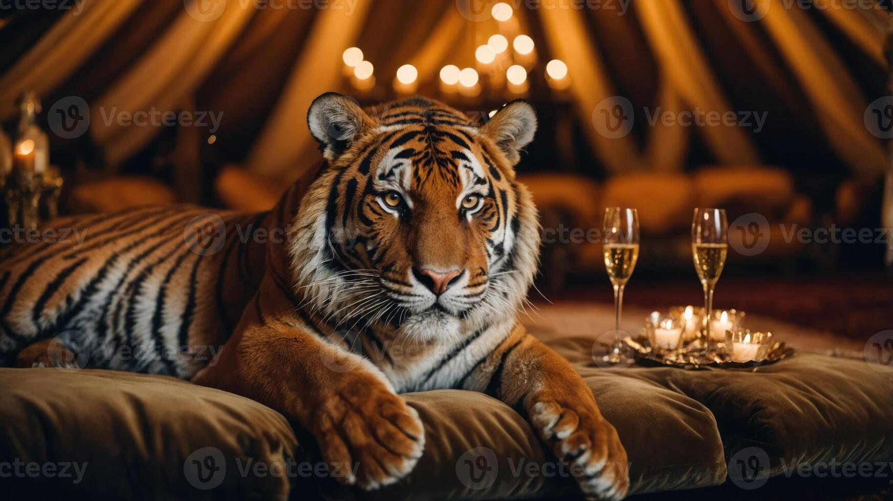 A tiger lounges elegantly in a luxurious setting with champagne glasses and a warm ambiance. photo
