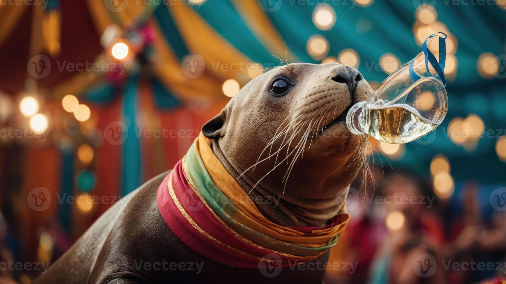 A seal wearing a colorful scarf holds a glass, set in a festive atmosphere. photo