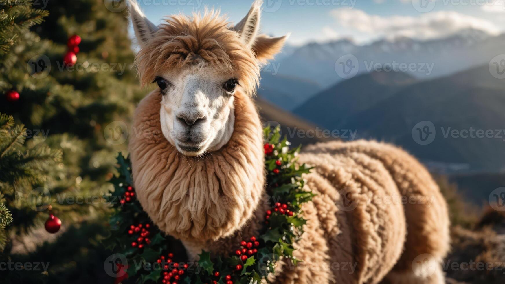 A festive llama adorned with a wreath, set against a mountainous landscape. photo