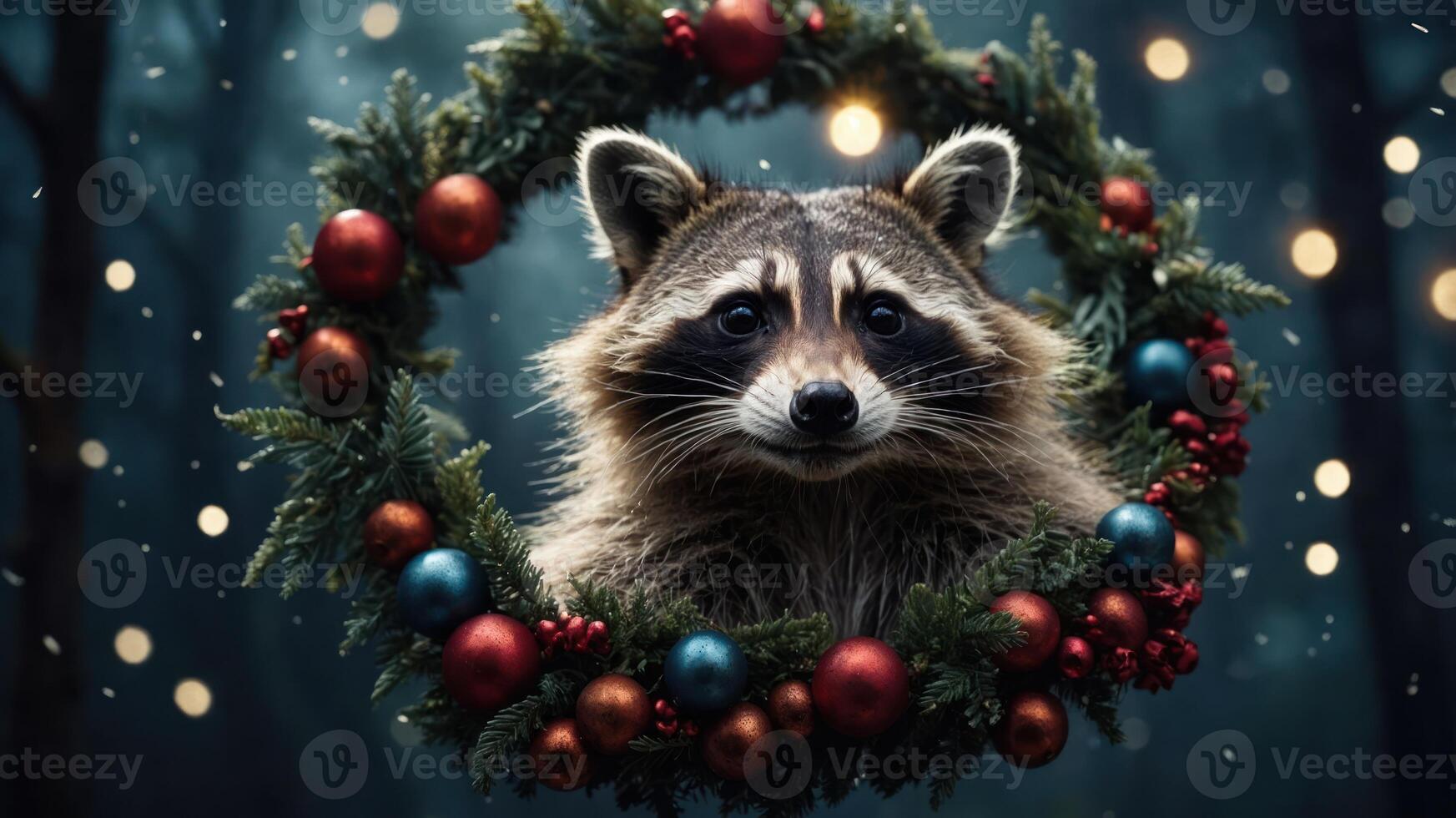 A raccoon surrounded by a festive wreath adorned with ornaments, evoking holiday cheer. photo