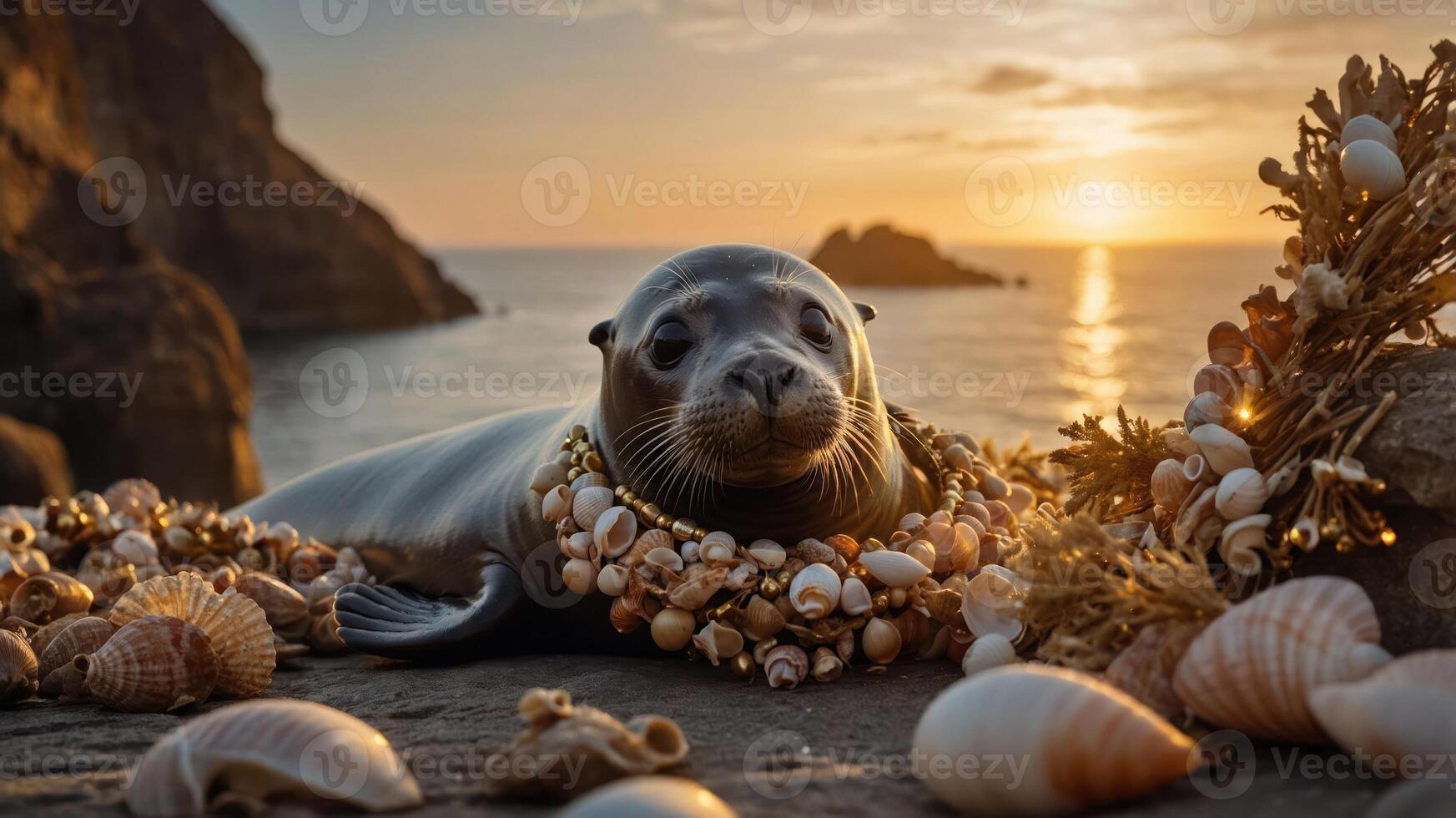 A seal adorned with seashells rests on a beach at sunset, creating a serene coastal scene. photo