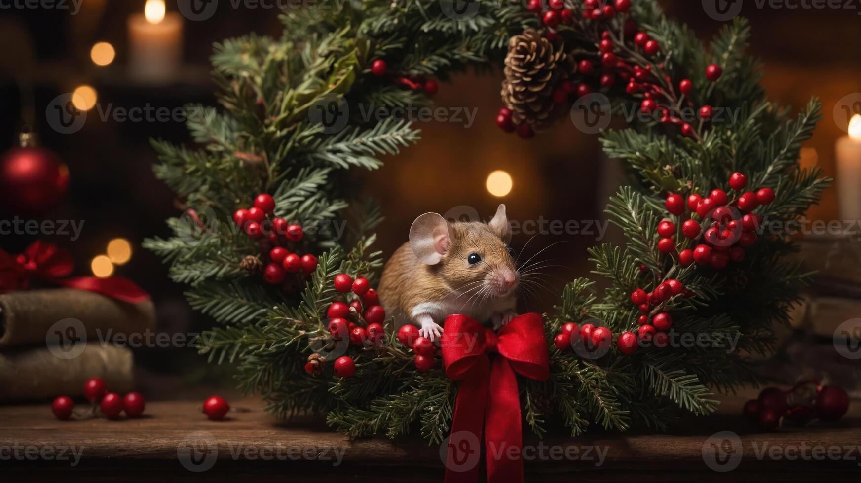 A festive mouse perched in a holiday wreath with red berries and a bow. photo