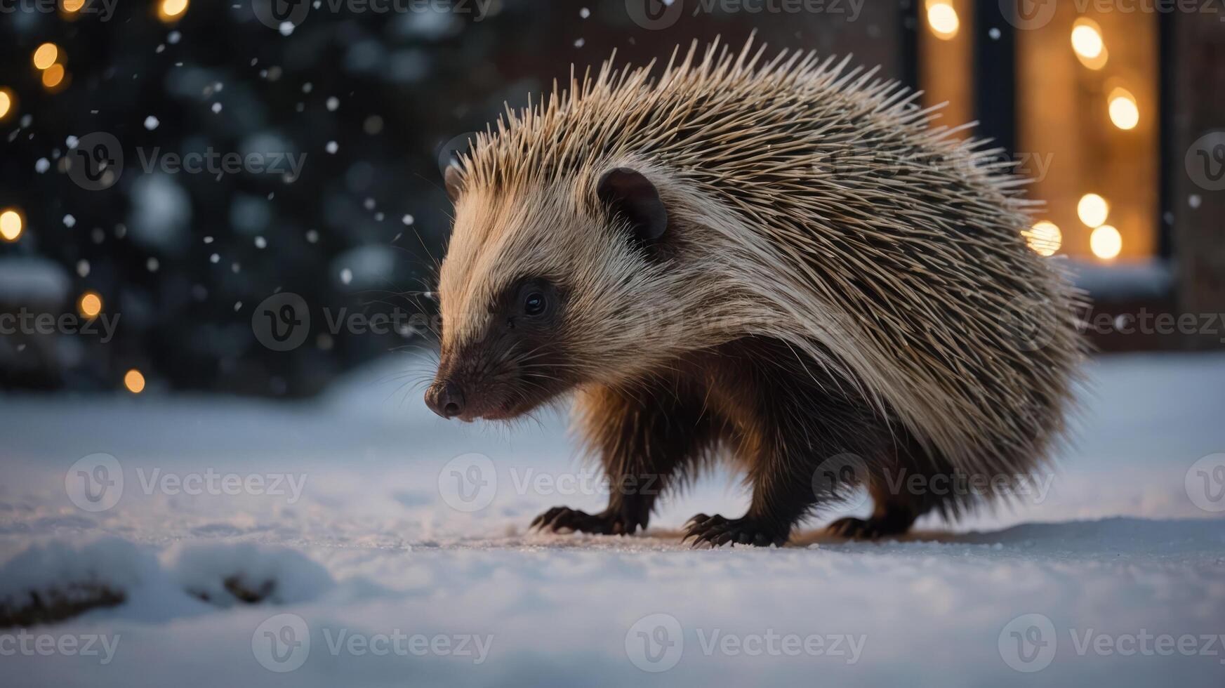 A hedgehog in the snow, surrounded by a serene winter landscape with soft lighting. photo