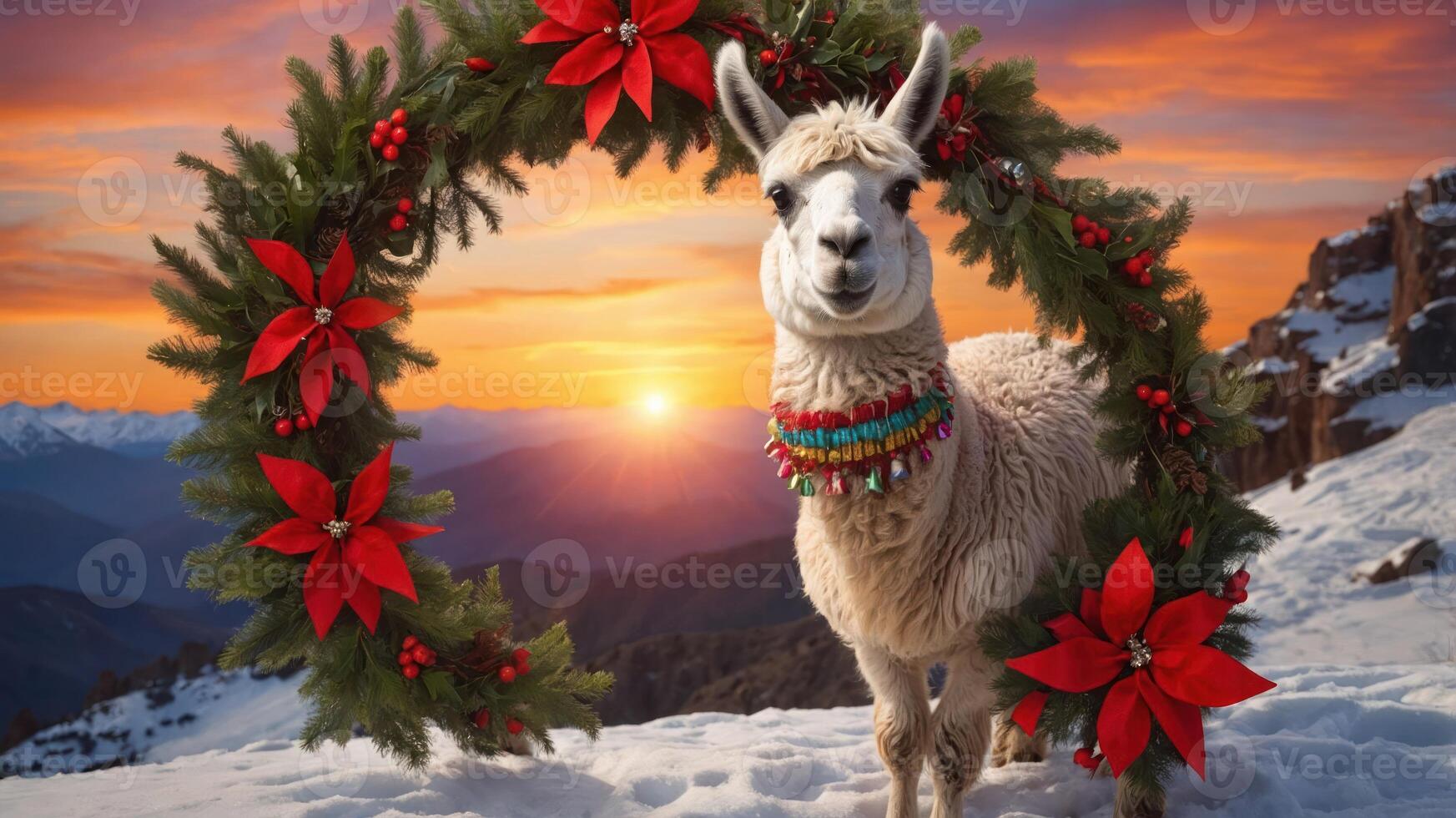 A festive llama poses in a wreath against a snowy mountain sunset. photo