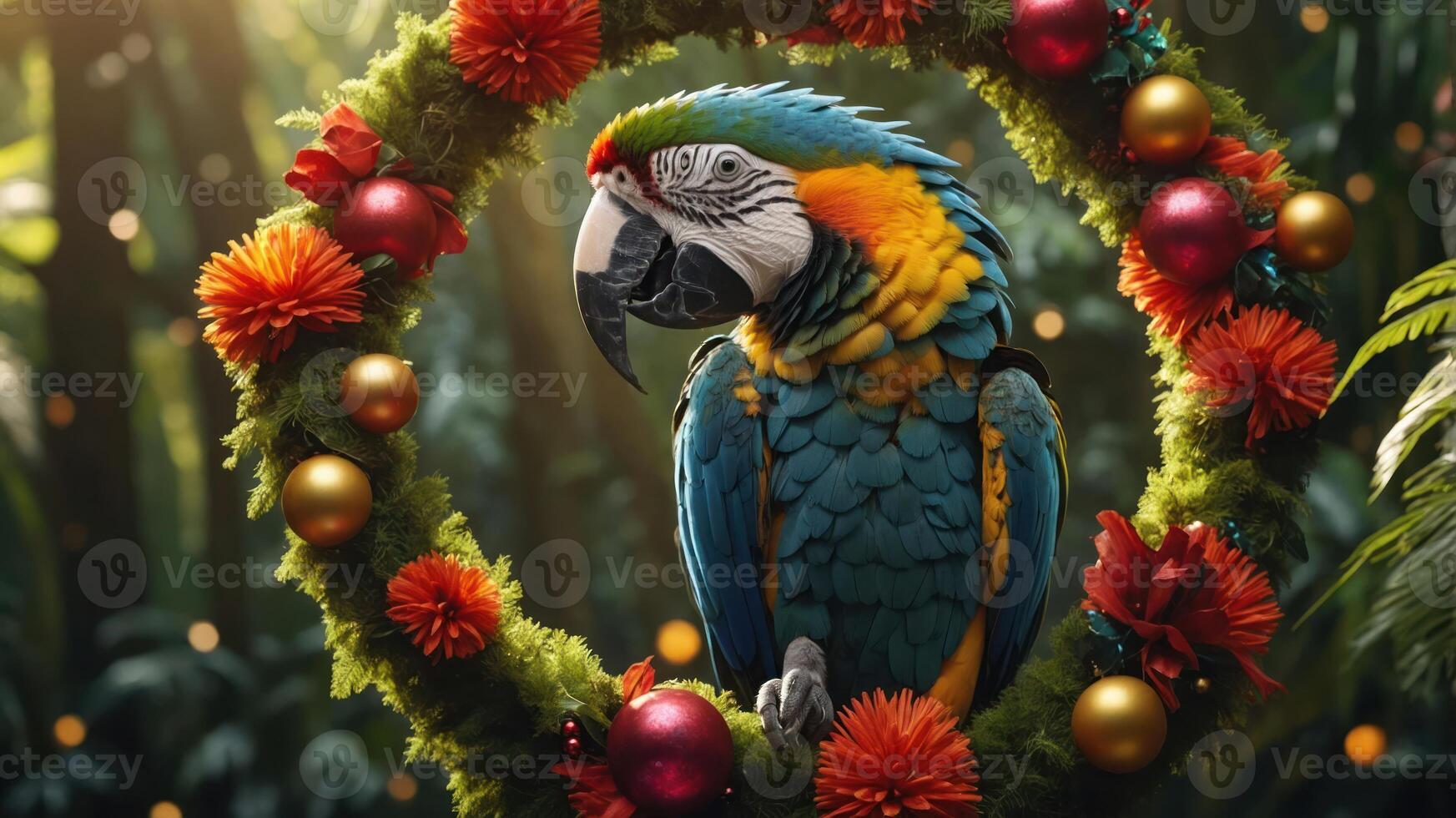 A vibrant parrot perched in a festive wreath surrounded by tropical foliage. photo