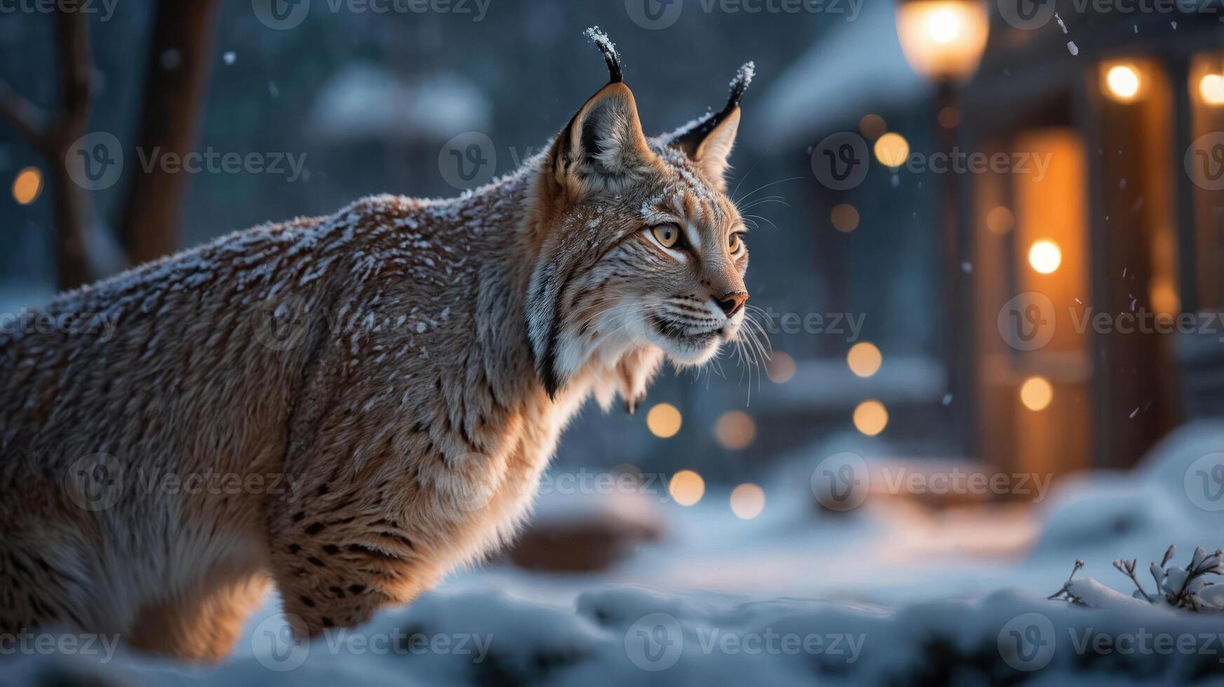 A lynx in a snowy landscape, illuminated by warm lights from nearby structures. photo
