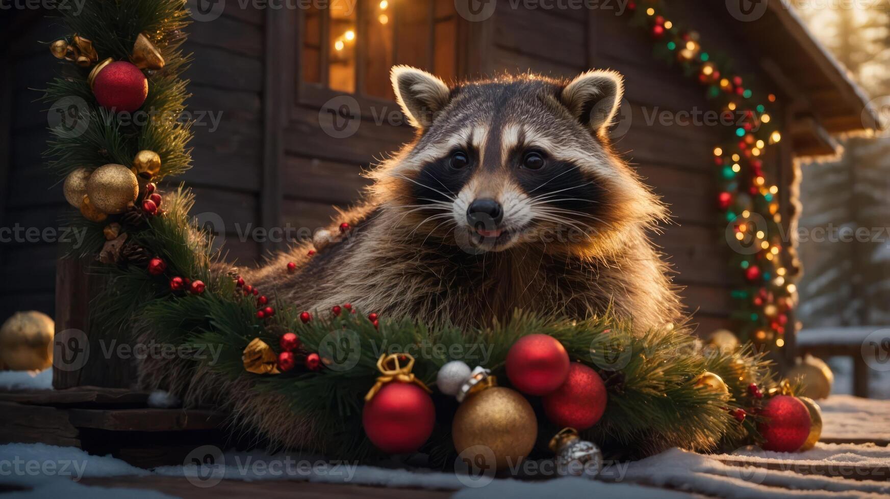 A raccoon adorned with festive decorations near a cozy cabin in a snowy setting. photo