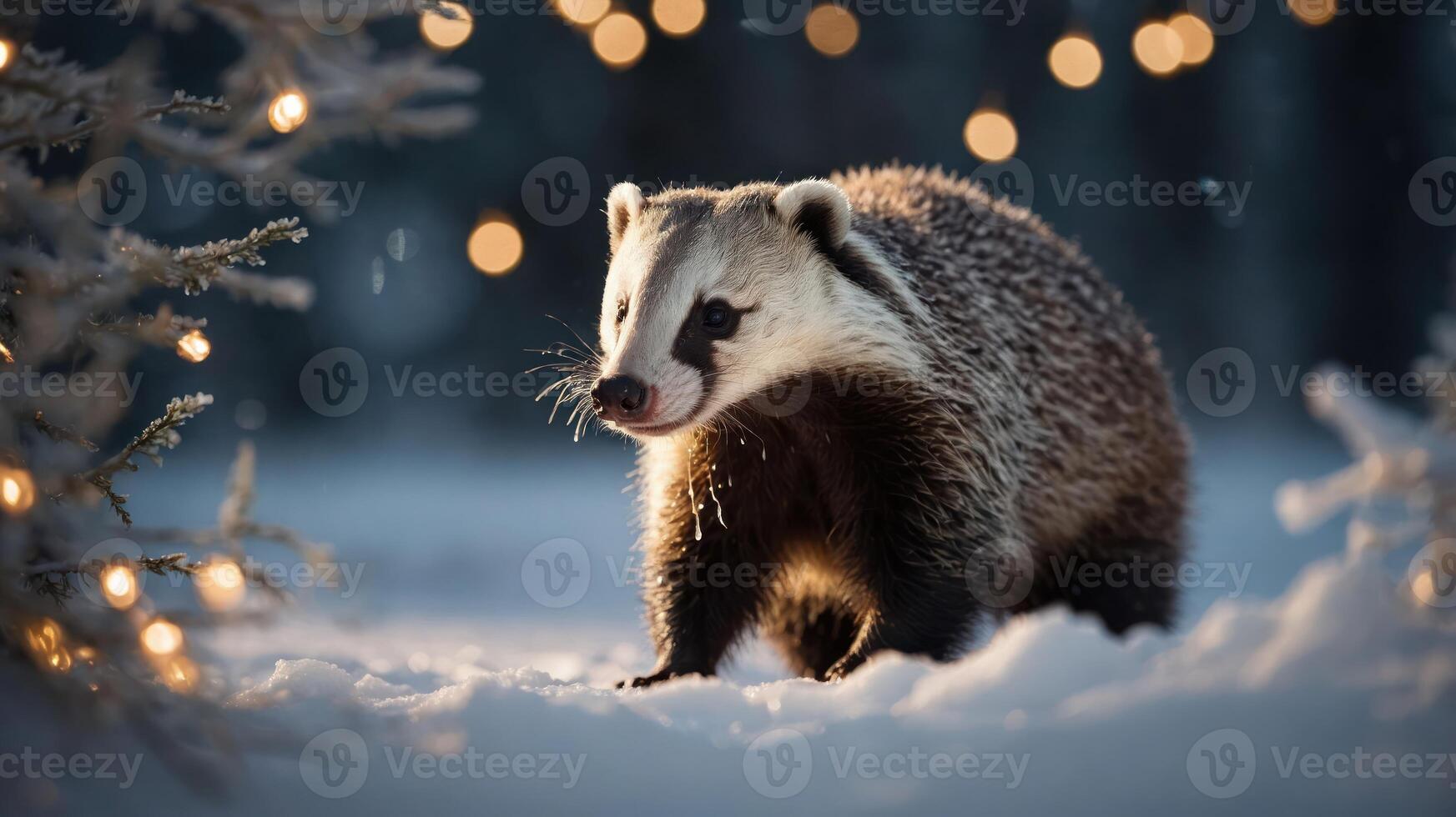 A badger walking through snowy terrain illuminated by festive lights. photo