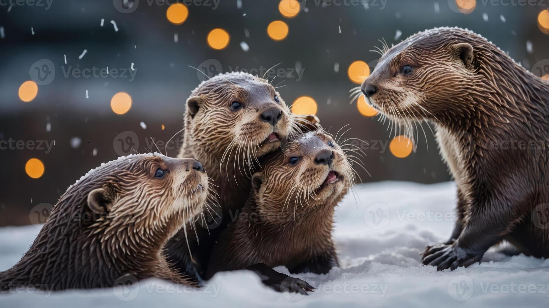 A group of otters playfully interacting in a snowy setting with soft bokeh lights in the background. photo