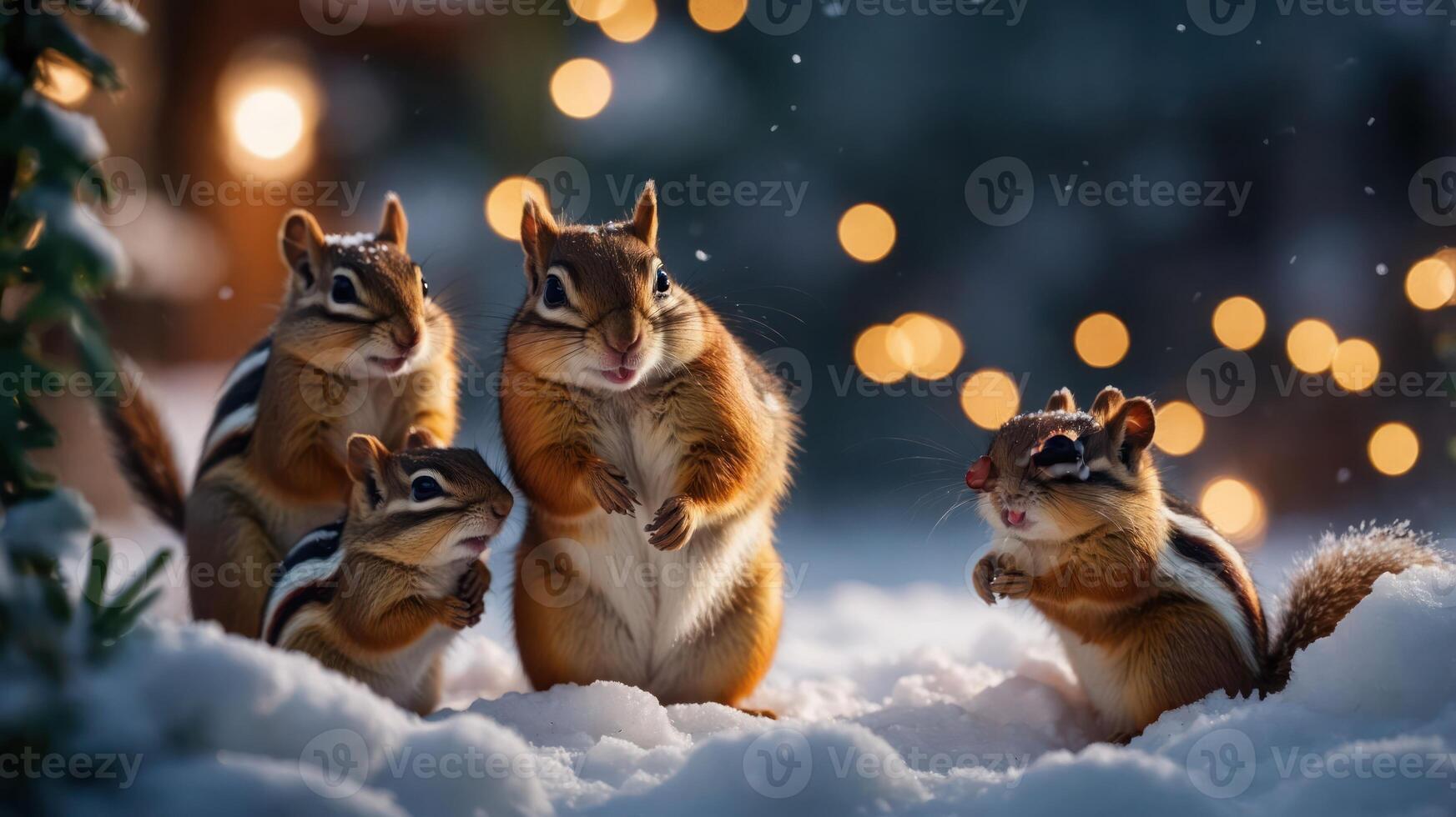 A group of chipmunks play in the snow, surrounded by soft, glowing lights. photo