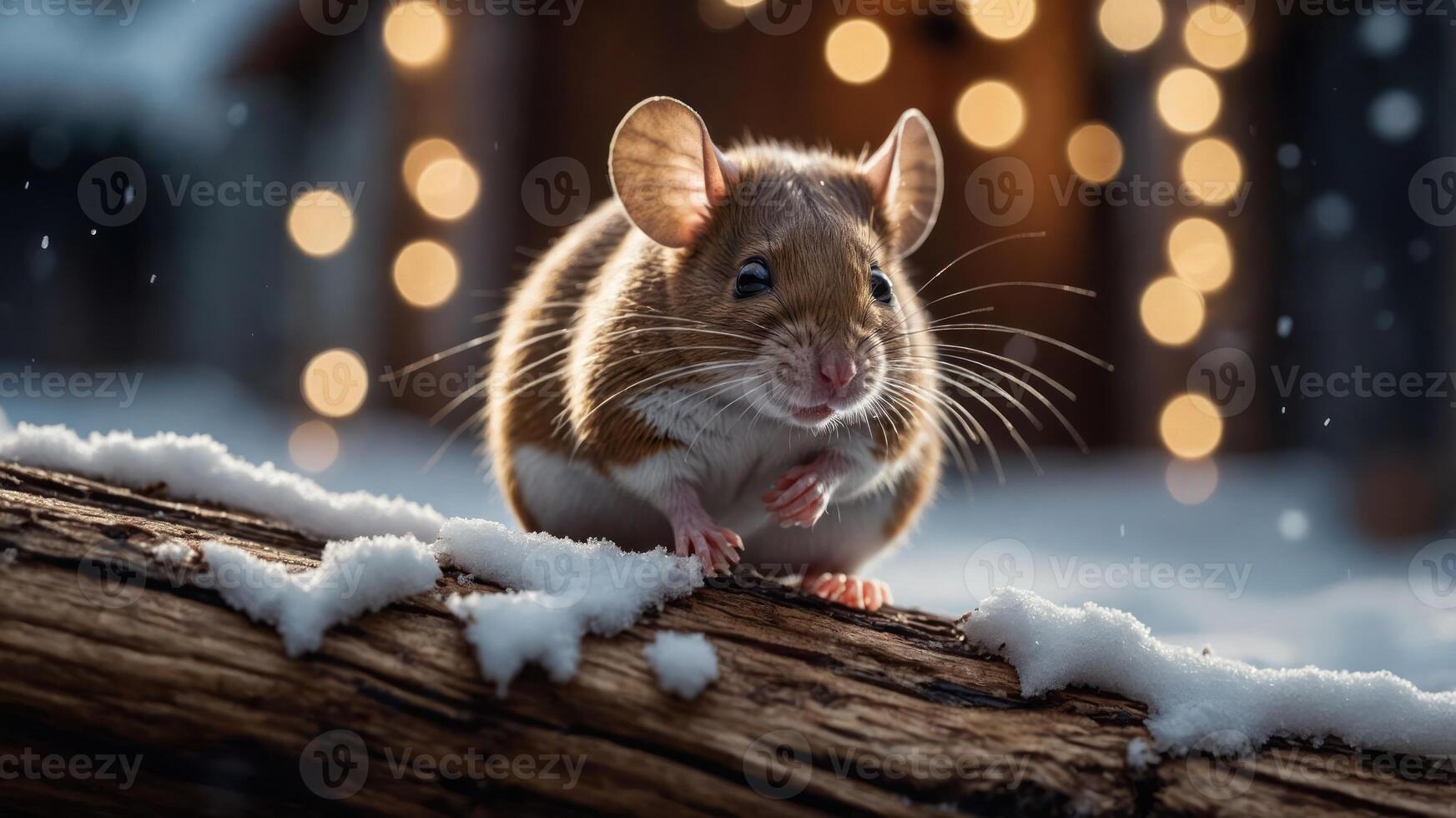 A cute mouse sits on a snowy log with festive lights in the background. photo